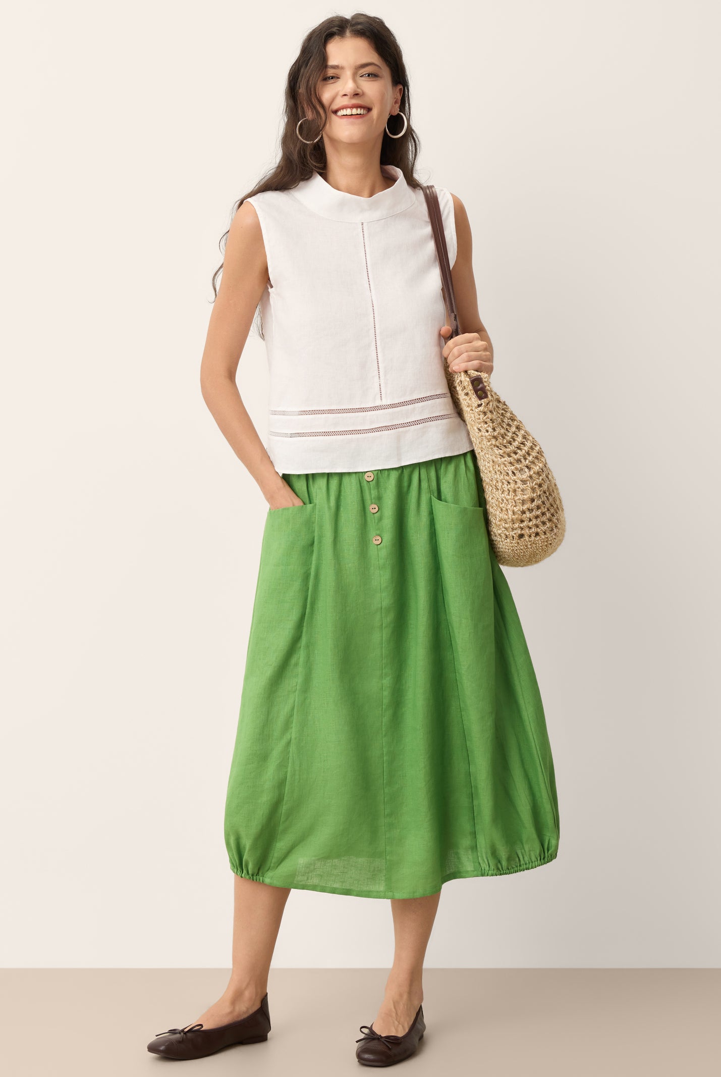 100% Linen Wood Button Elasticated Waist Bubble Skirt QUENBY by LINTICO for women