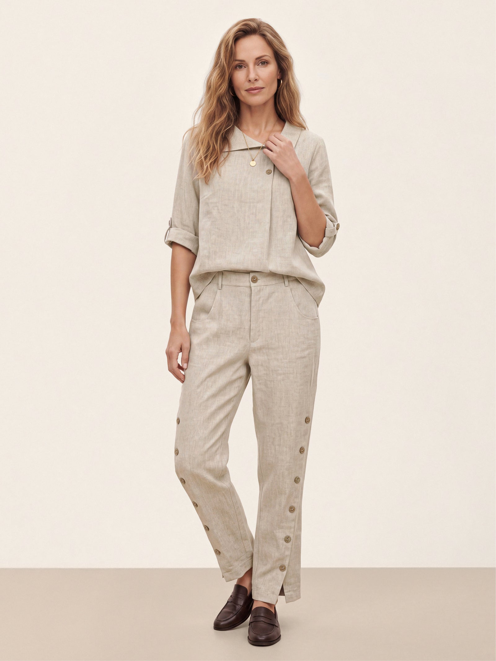100% Linen Wood Button Slit Hem Ankle Pants ALBA by LINTICO