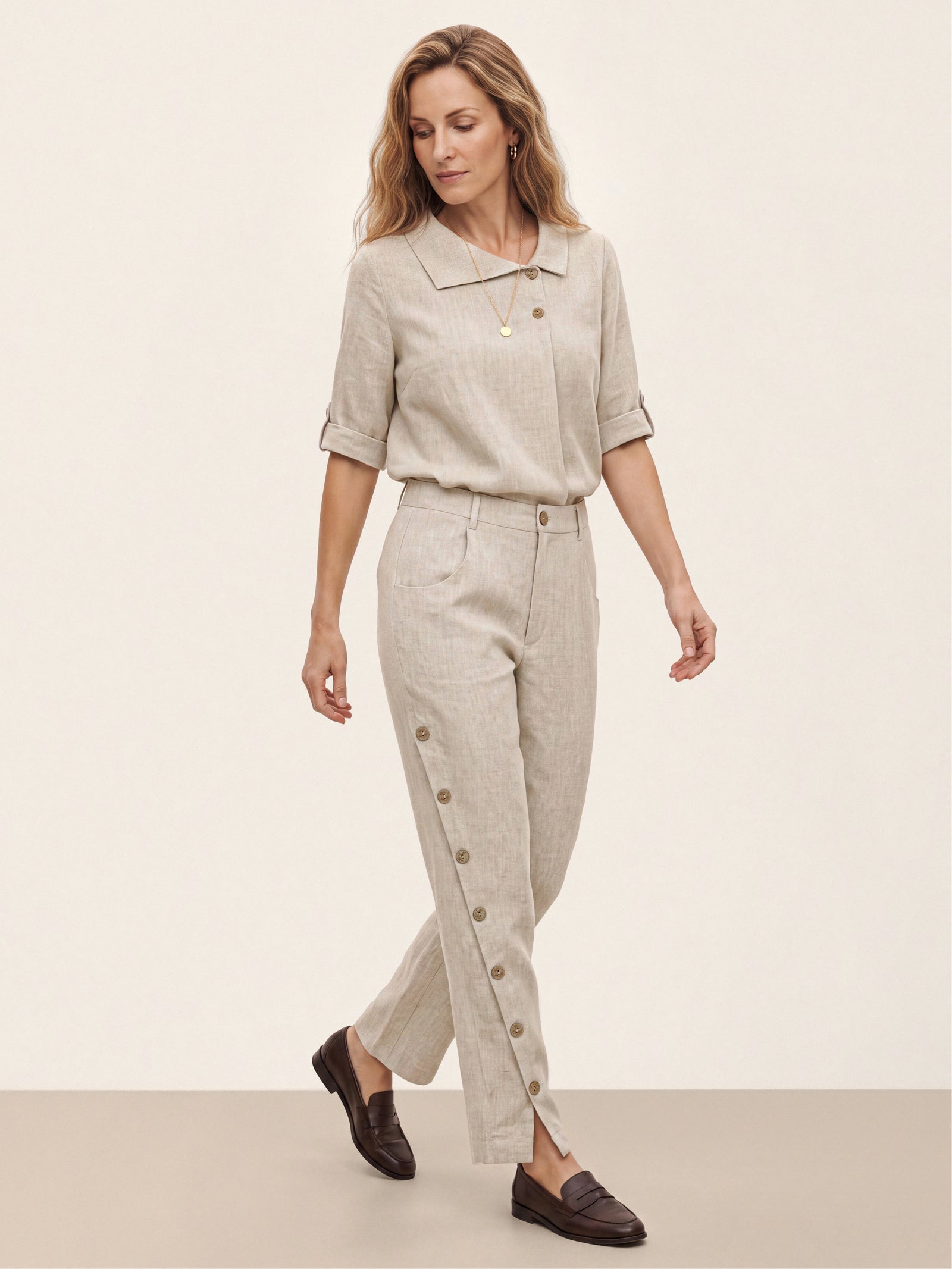 100% Linen Wood Button Slit Hem Ankle Pants ALBA by LINTICO