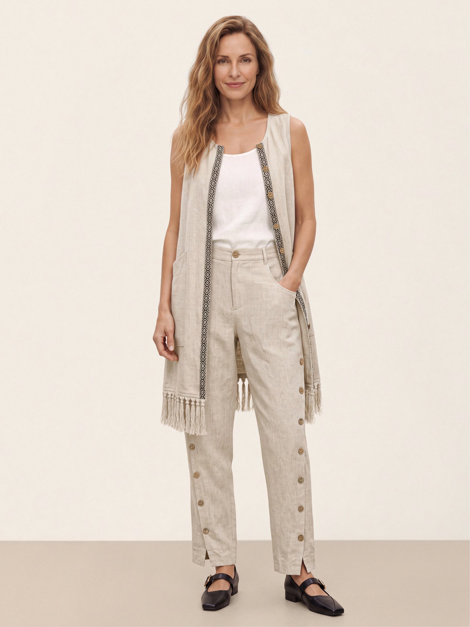 100% Linen Wood Button Slit Hem Ankle Pants ALBA by LINTICO
