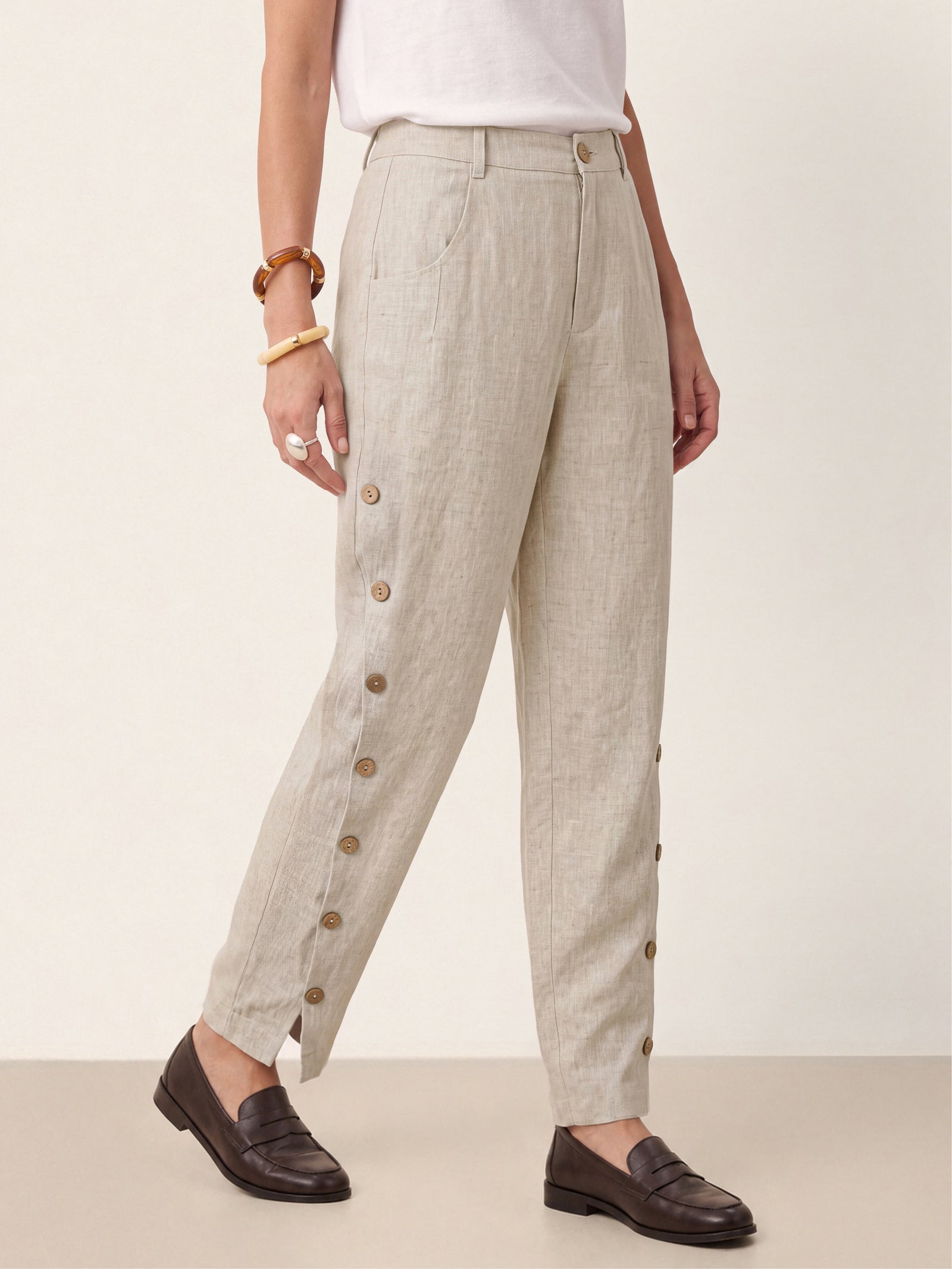 100% Linen Wood Button Slit Hem Ankle Pants ALBA by LINTICO