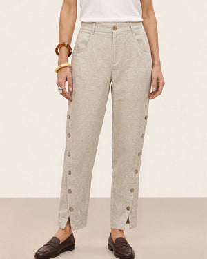 100% Linen Wood Button Slit Hem Ankle Pants ALBA by LINTICO