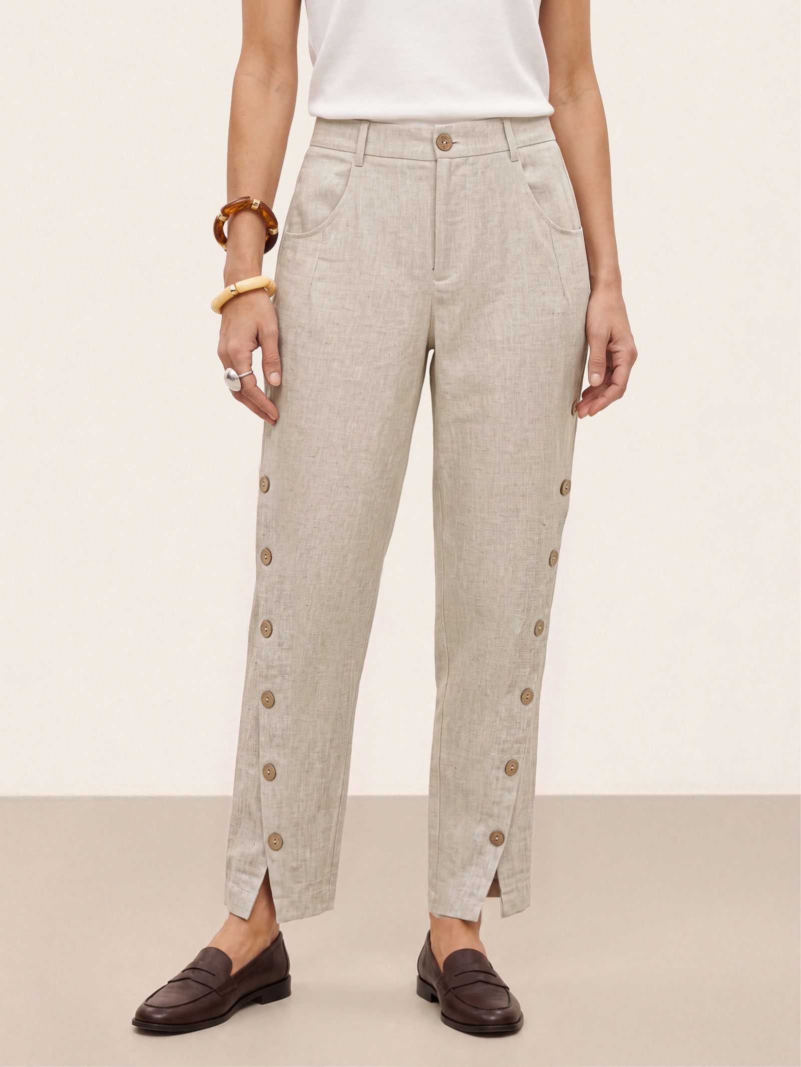 100% Linen Wood Button Slit Hem Ankle Pants ALBA by LINTICO