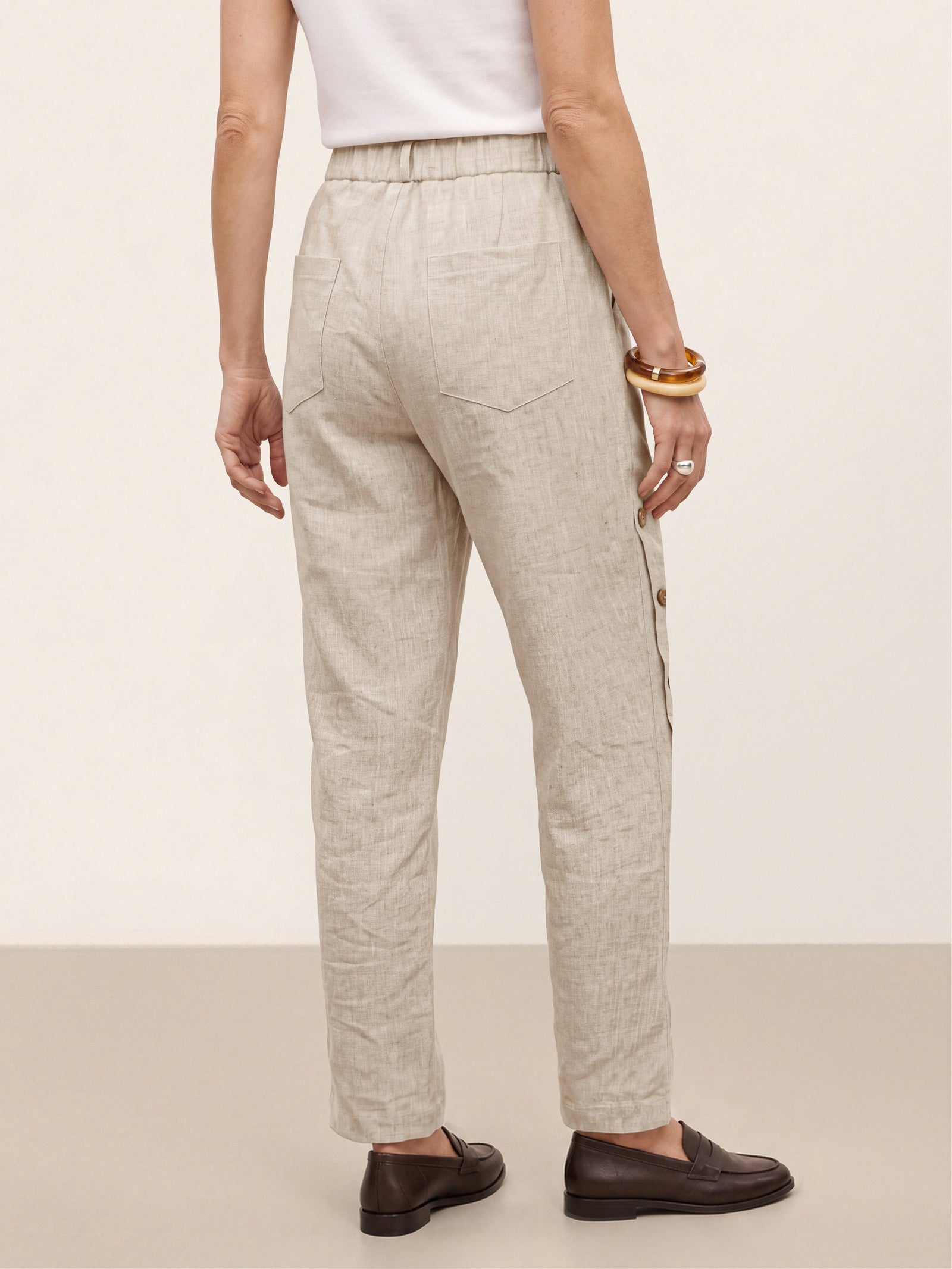 100% Linen Wood Button Slit Hem Ankle Pants ALBA by LINTICO