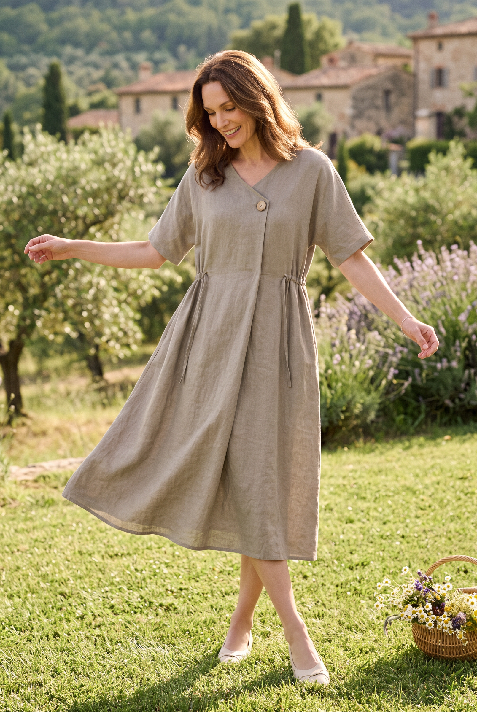 100% Linen Wrap Front Drawstring Waist Midi Dress MARIELLE by LINTICO
