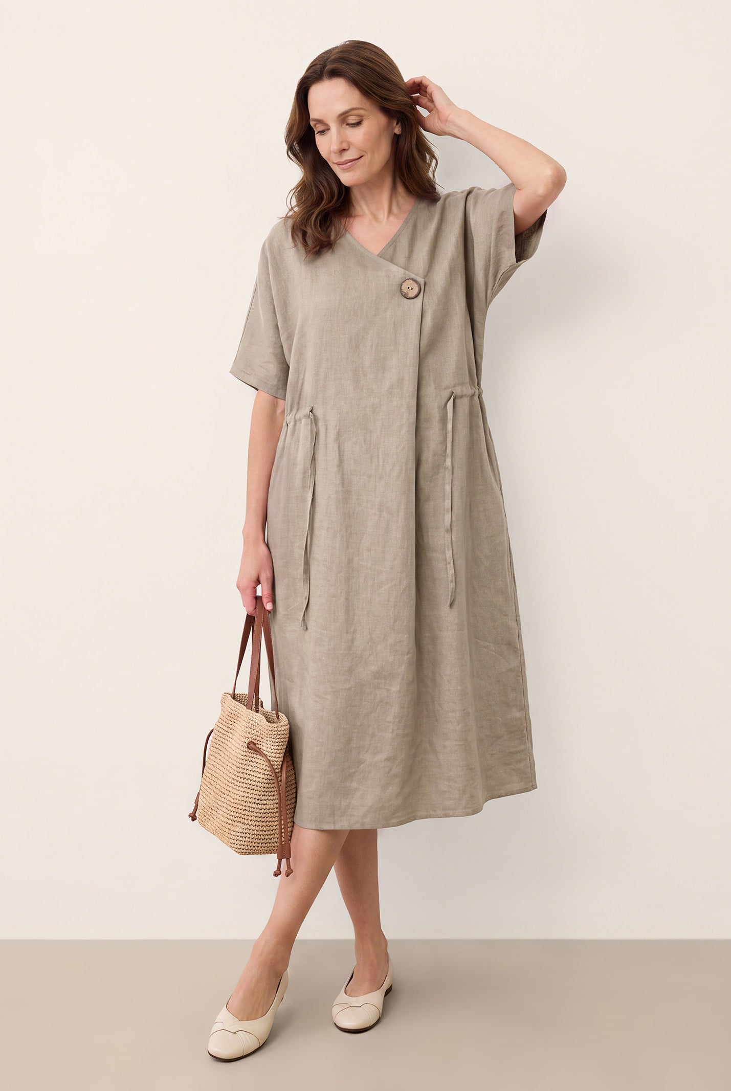 100% Linen Wrap Front Drawstring Waist Midi Dress MARIELLE by LINTICO