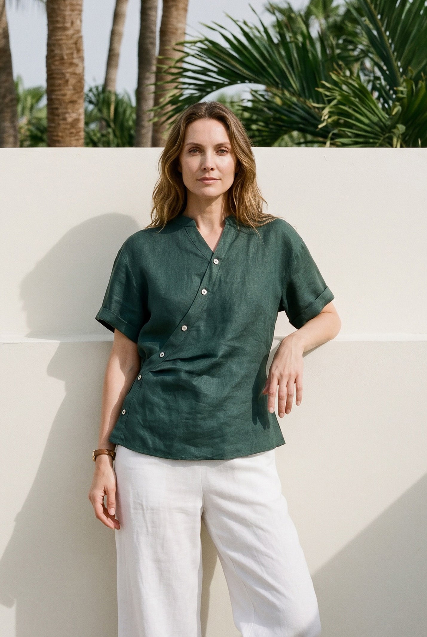 100% Linen Wrap Front Elastic Waist Top BETTINA by LINTICO for women