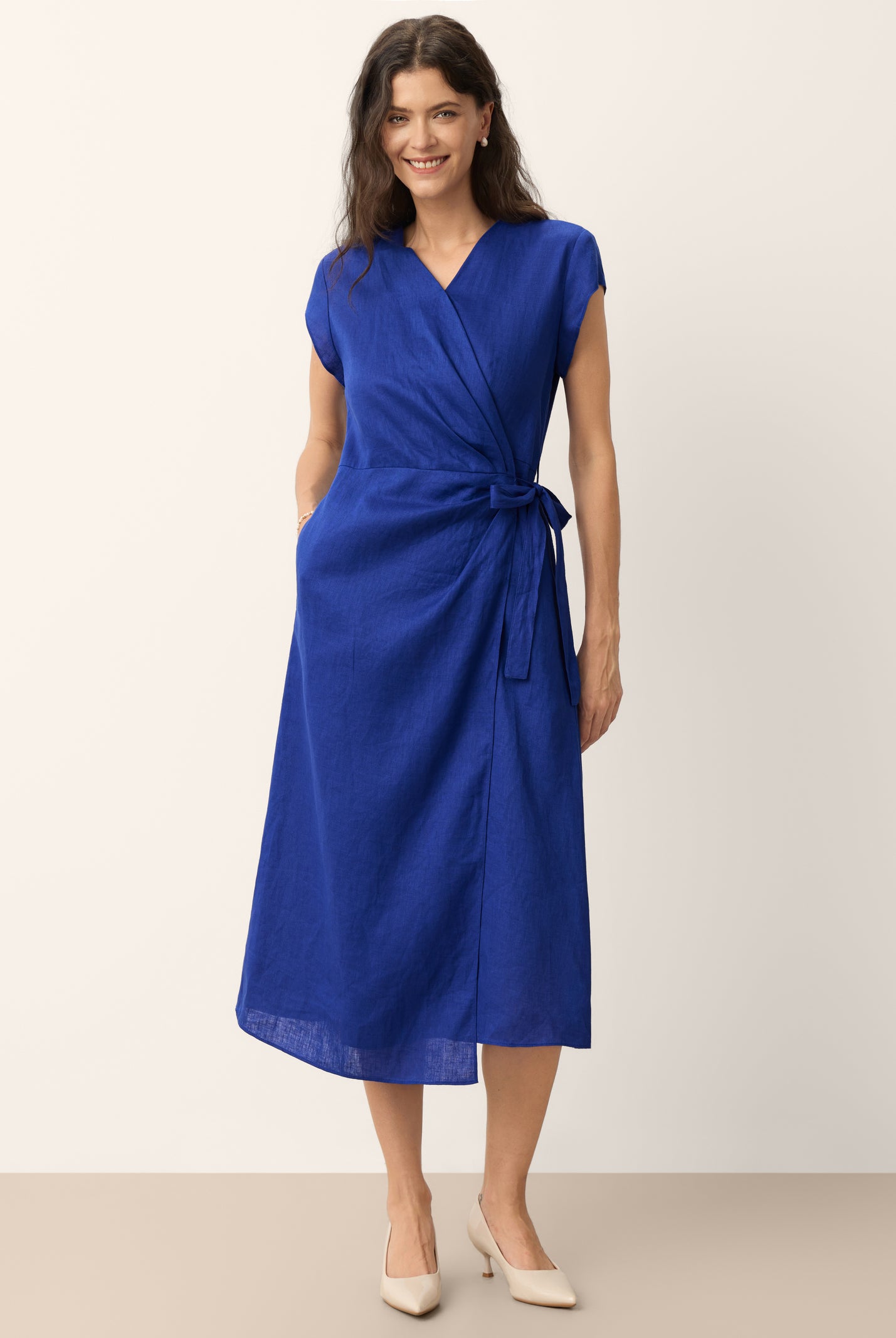 100% Linen Wrap Tie Waist A-Line Midi Dress KERSTIN by LINTICO for women