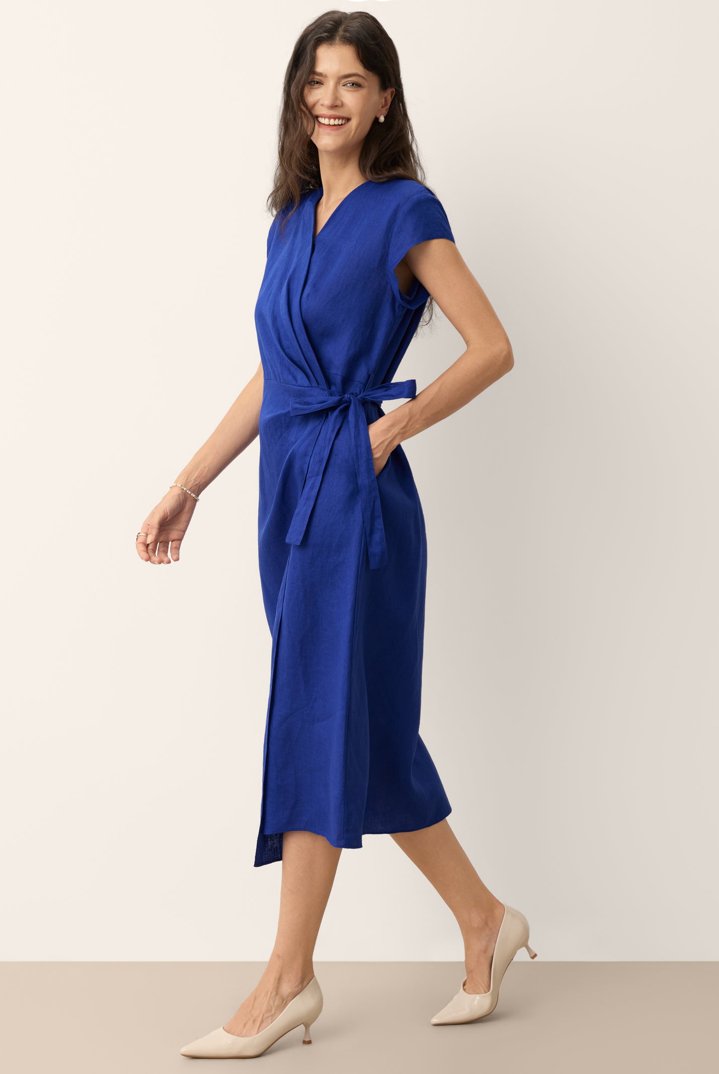 100% Linen Wrap Tie Waist A-Line Midi Dress KERSTIN by LINTICO for women