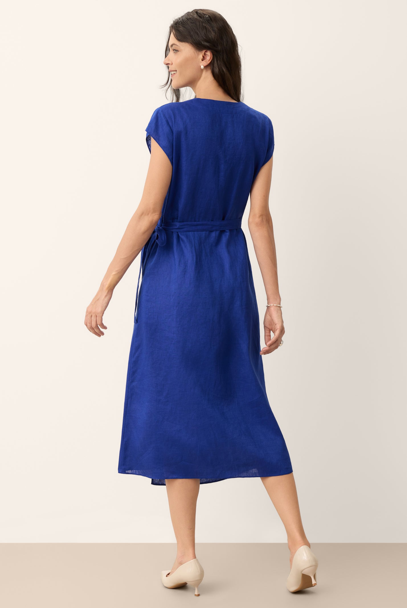 100% Linen Wrap Tie Waist A-Line Midi Dress KERSTIN by LINTICO for women