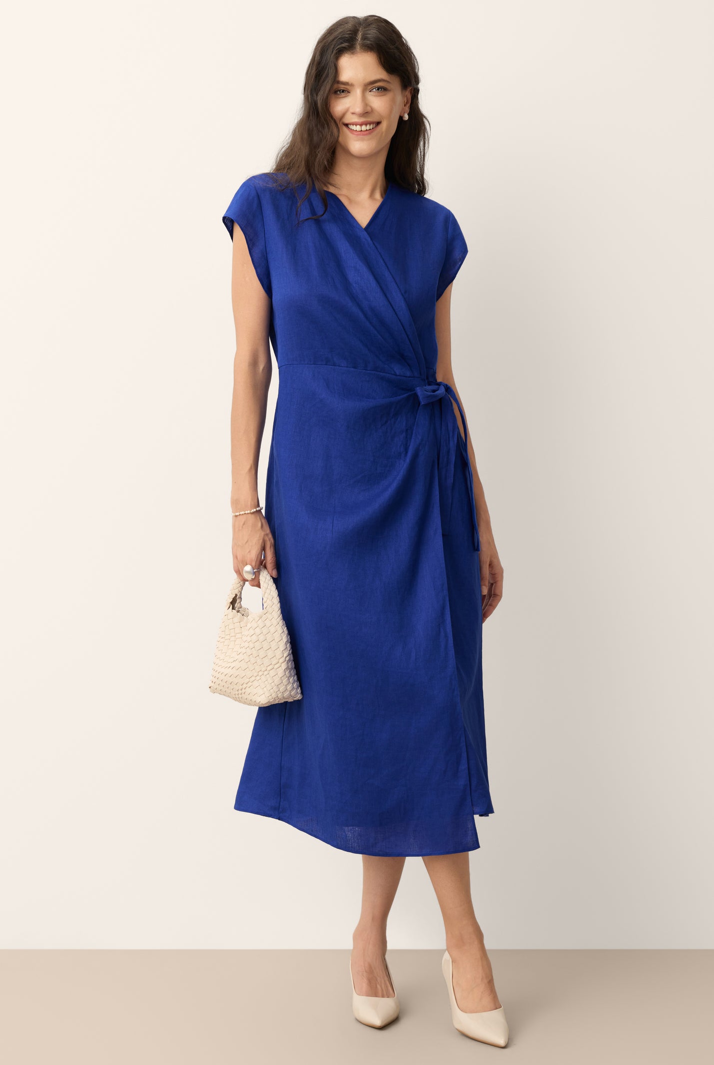 100% Linen Wrap Tie Waist A-Line Midi Dress KERSTIN by LINTICO for women