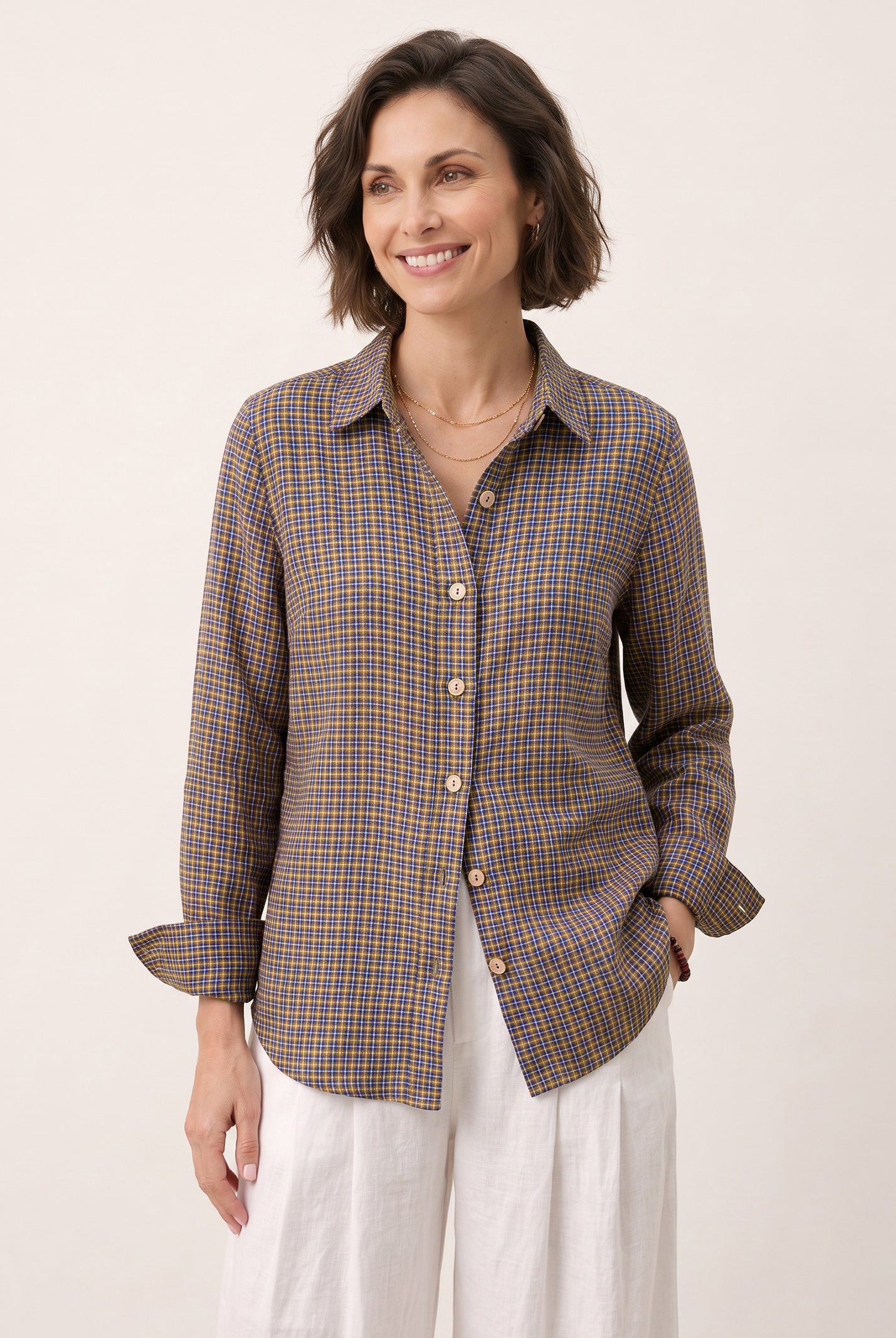 100% Linen Yarn Dyed Check Cuffed Sleeve Shirt VIANNE by LINTICO