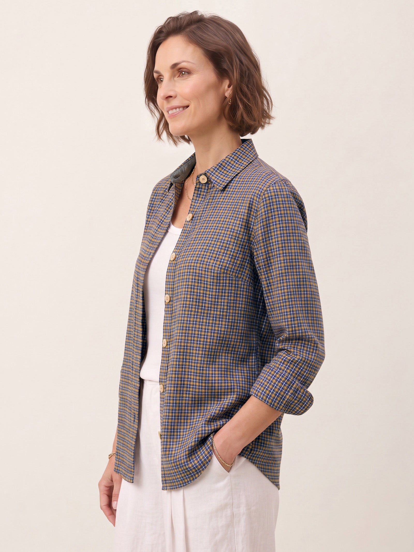 100% Linen Yarn Dyed Check Cuffed Sleeve Shirt VIANNE by LINTICO