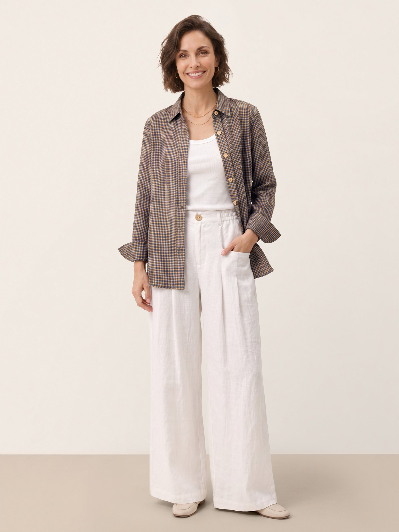 100% Linen Yarn Dyed Check Cuffed Sleeve Shirt VIANNE by LINTICO
