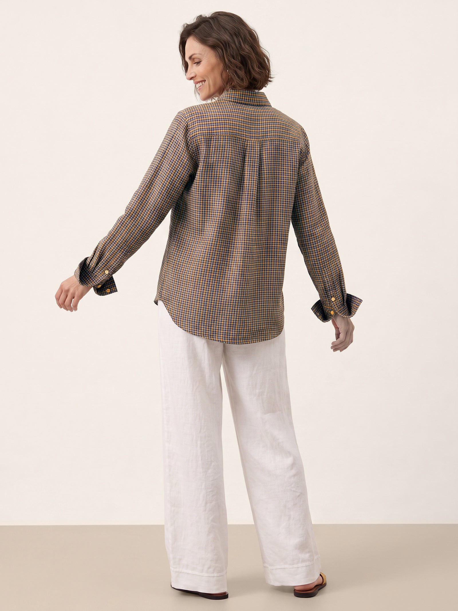 100% Linen Yarn Dyed Check Cuffed Sleeve Shirt VIANNE by LINTICO
