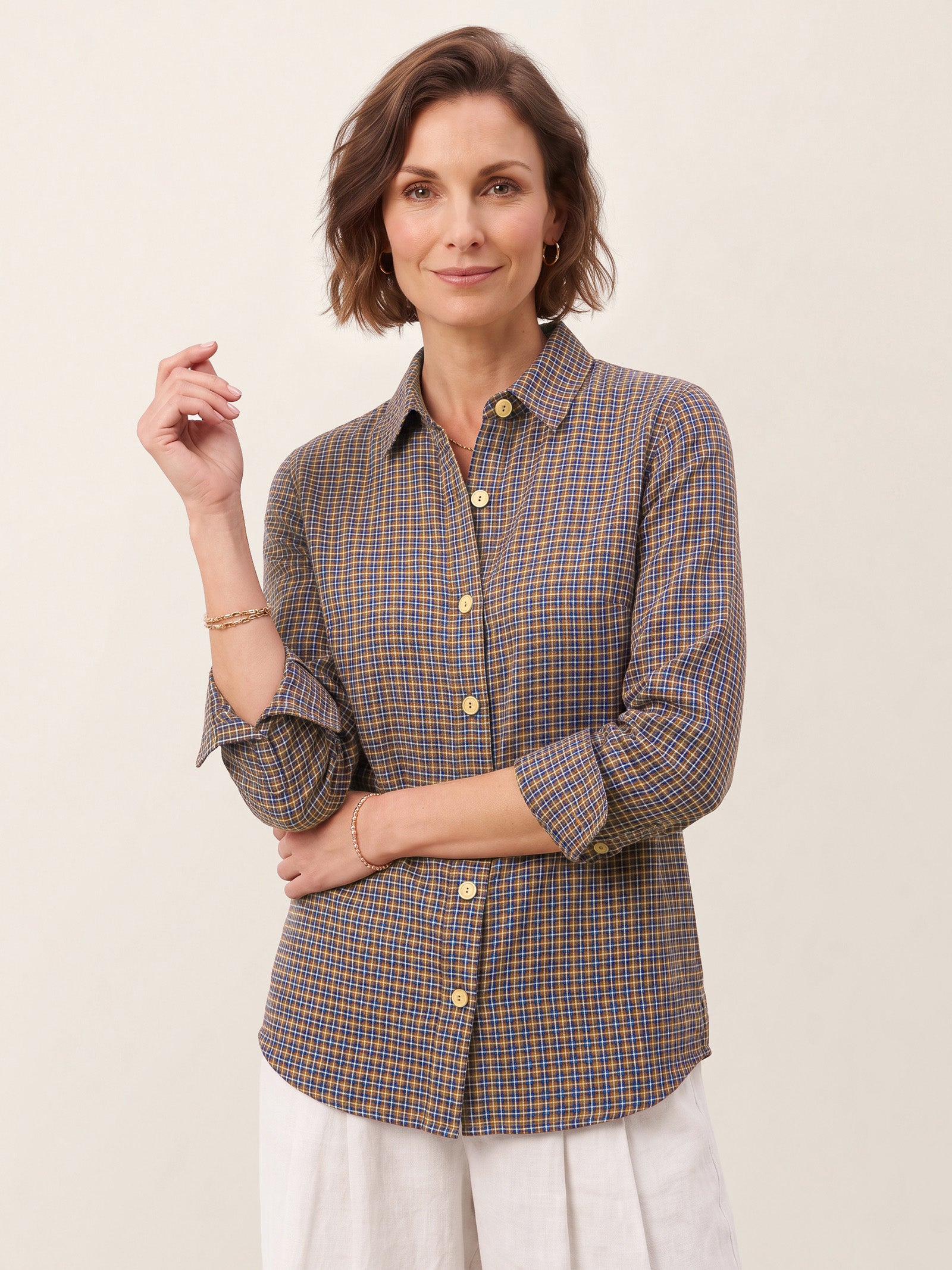 100% Linen Yarn Dyed Check Cuffed Sleeve Shirt VIANNE by LINTICO