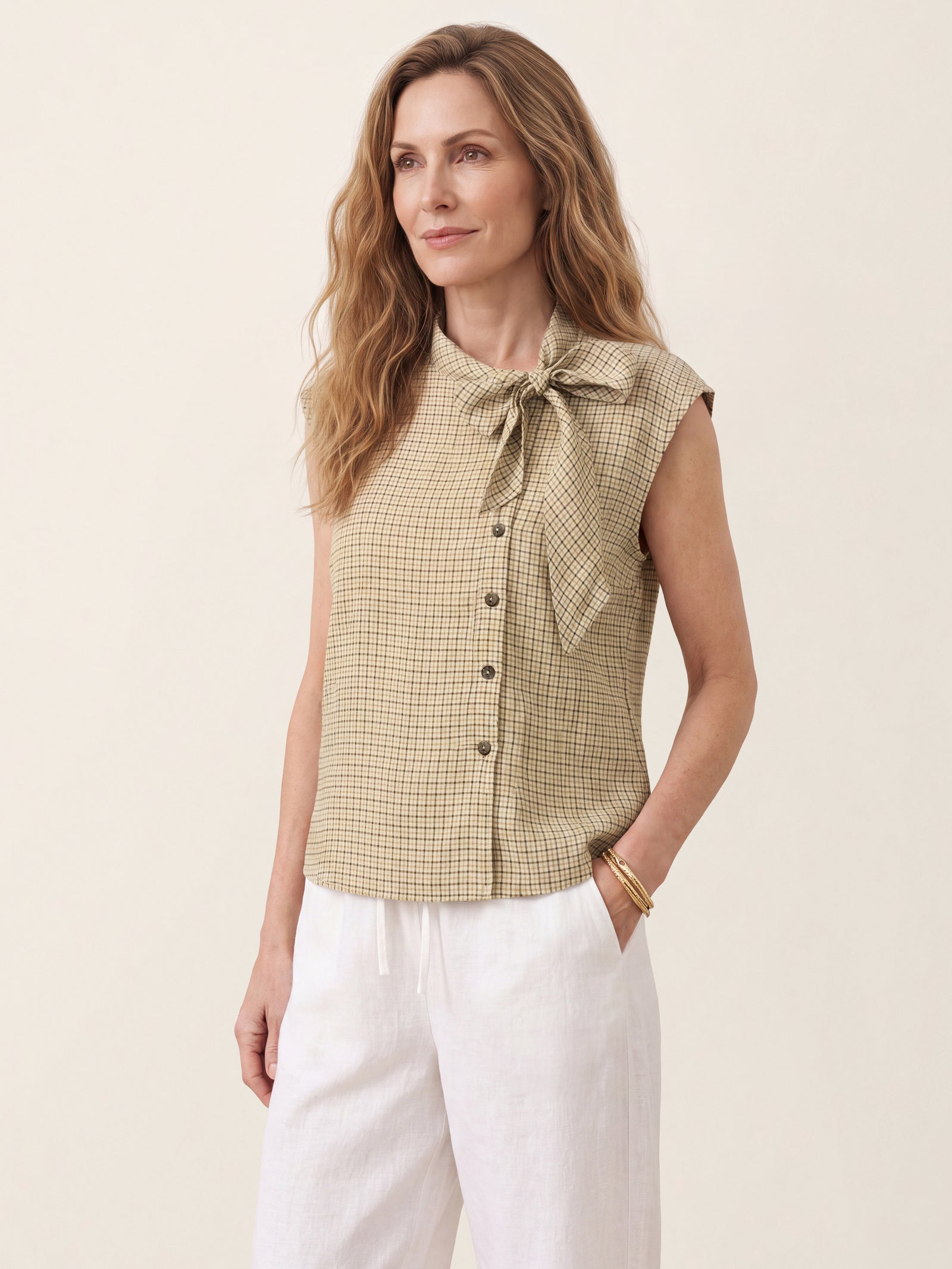 100% Linen Yarn Dyed Check Tie Neck Top ISALINE by LINTICO