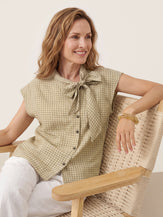 100% Linen Yarn Dyed Check Tie Neck Top ISALINE by LINTICO