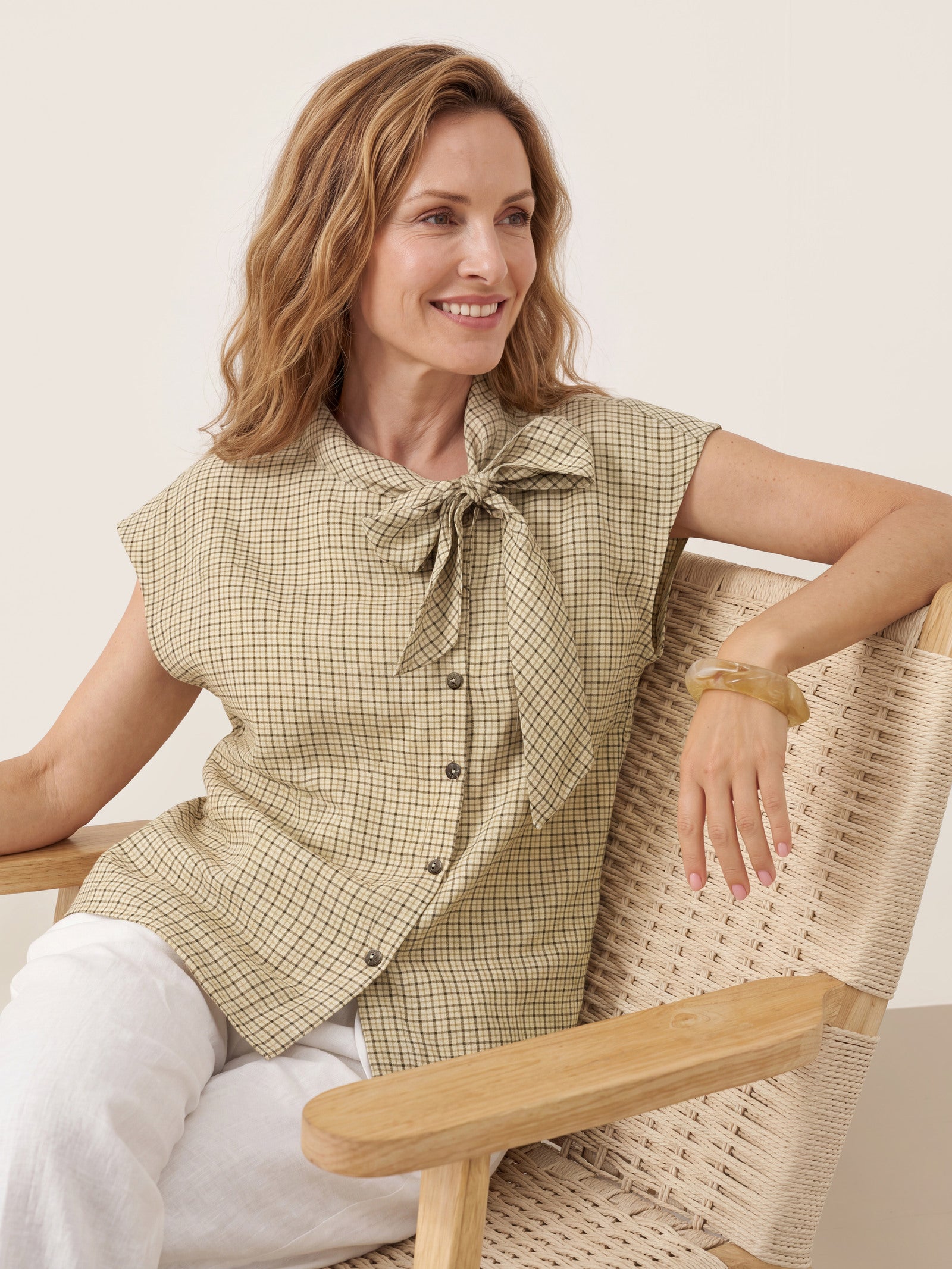100% Linen Yarn Dyed Check Tie Neck Top ISALINE by LINTICO