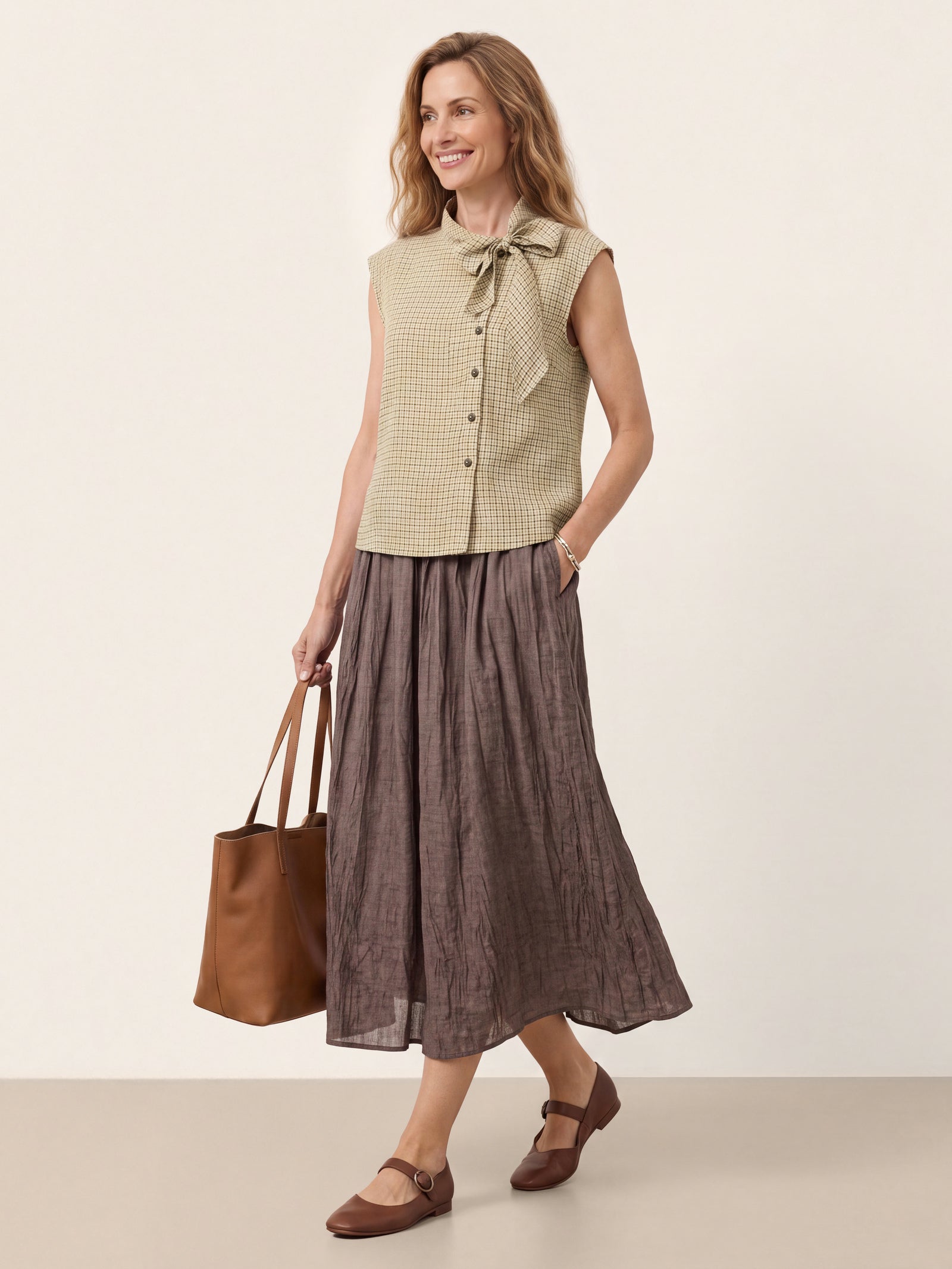 100% Linen Yarn Dyed Check Tie Neck Top ISALINE by LINTICO