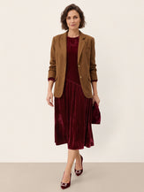 100% Silk Velvet Draped Pleat Relaxed Midi Dress ZELARA in Mulberry Wine
