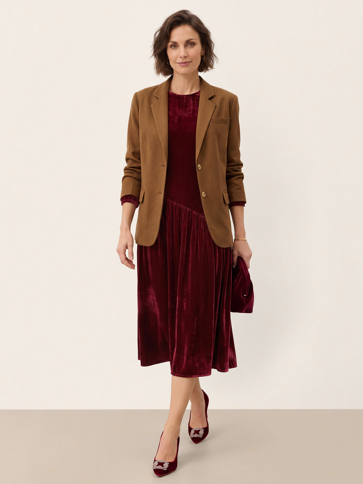 100% Silk Velvet Draped Pleat Relaxed Midi Dress ZELARA in Mulberry Wine