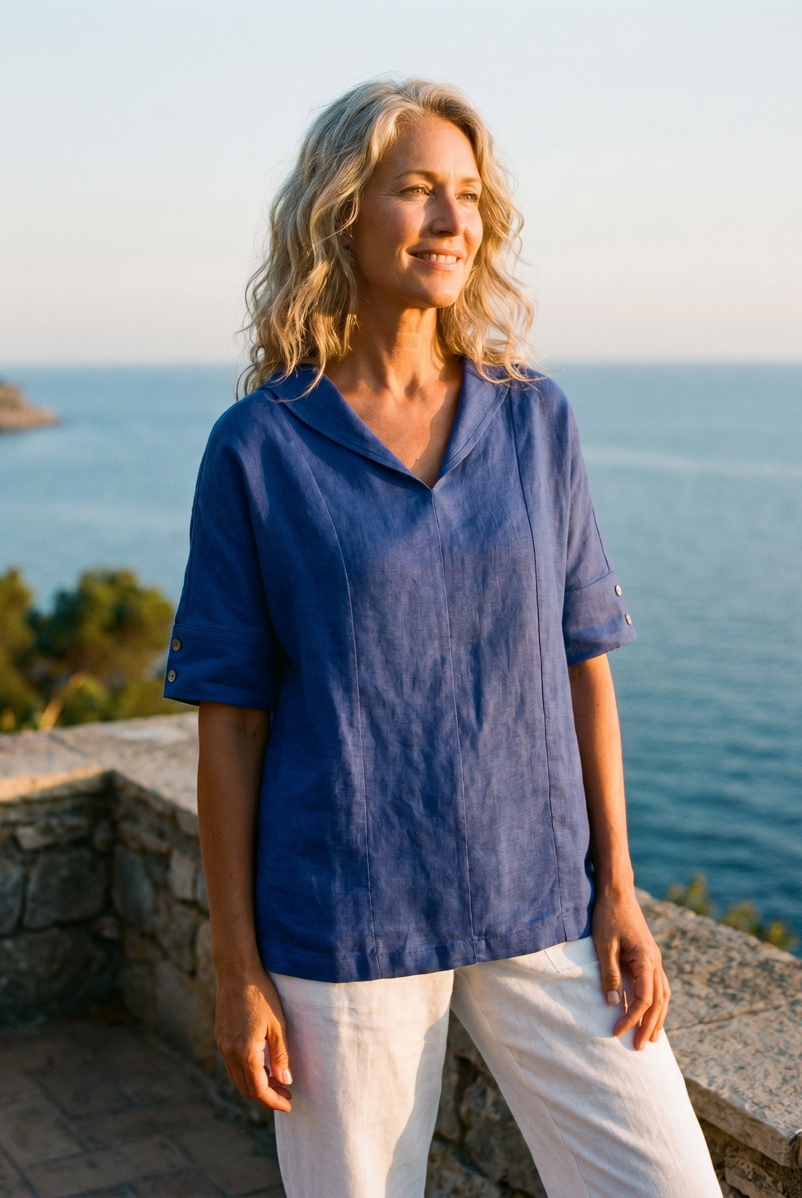 100% Linen V-Neck Short Sleeve Shirt SIERRA by LINTICO for women