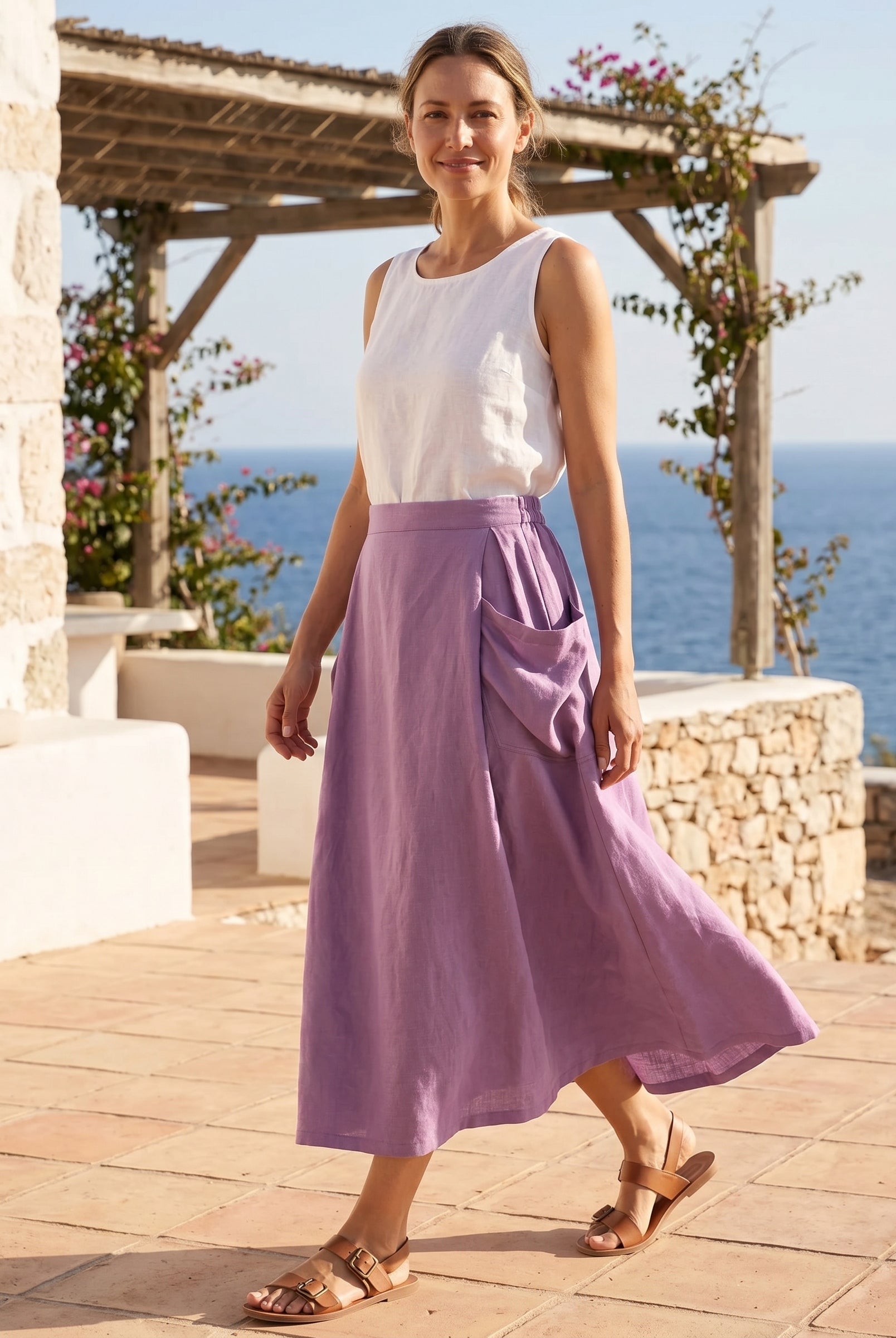Linen Checked Elastic Waist Skirt MARINA by LINTICO for women