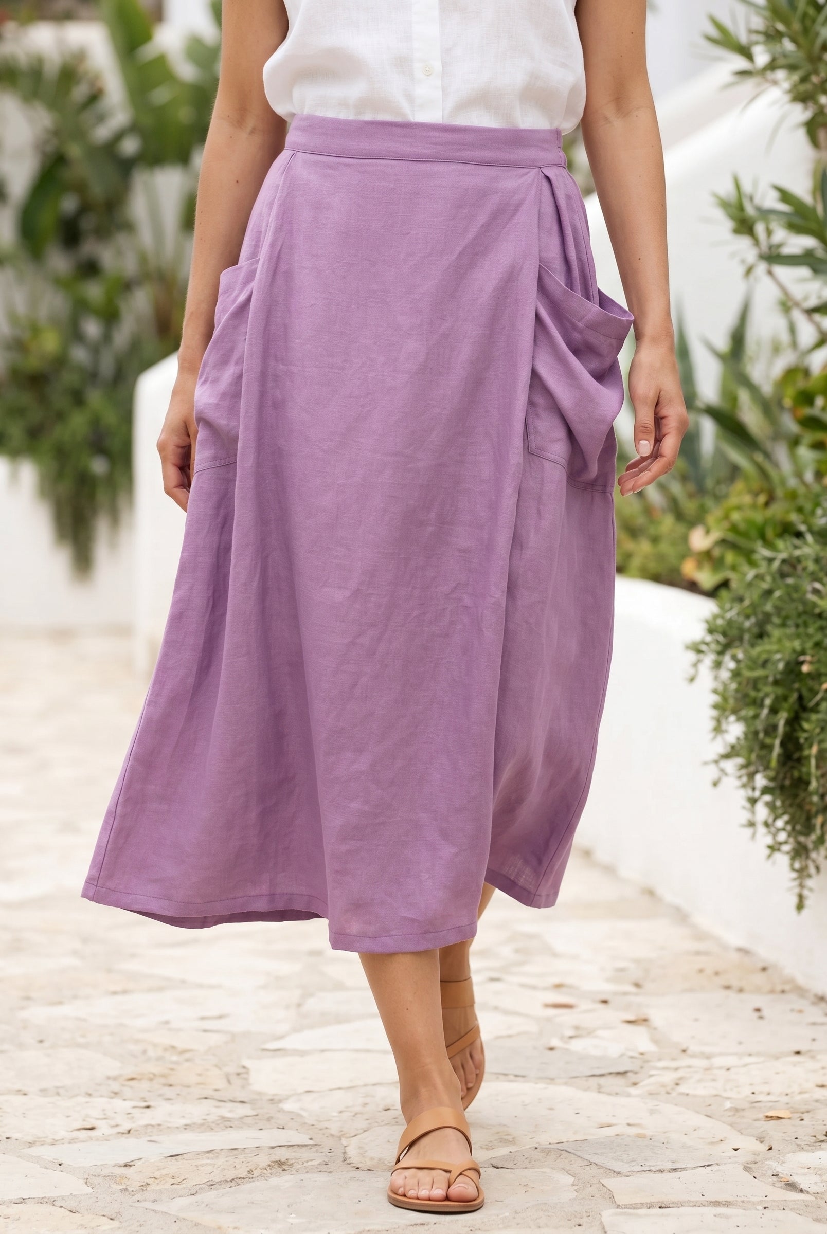 Linen Checked Elastic Waist Skirt MARINA by LINTICO for women