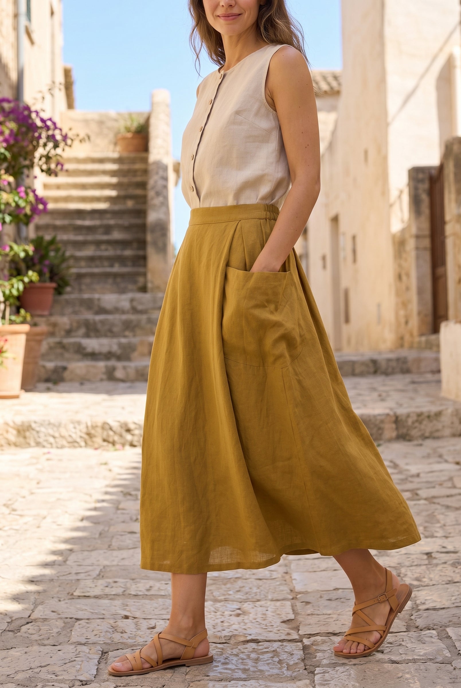 Linen Checked Elastic Waist Skirt MARINA by LINTICO for women