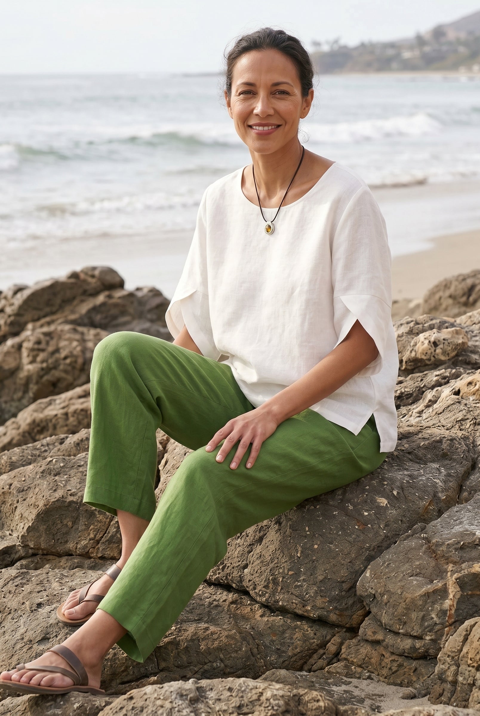 100% Linen Round Neck Petal-Sleeve Pullover LAUREL by LINTICO for women