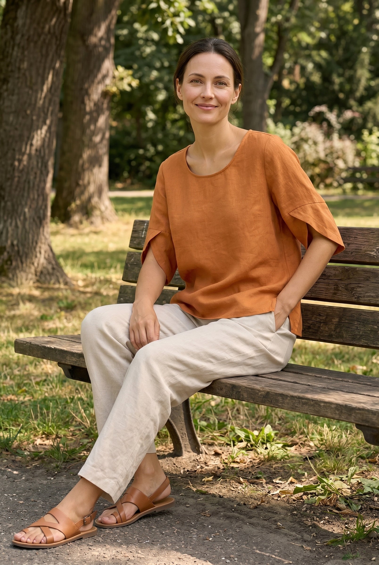 100% Linen Round Neck Petal-Sleeve Pullover LAUREL by LINTICO for women