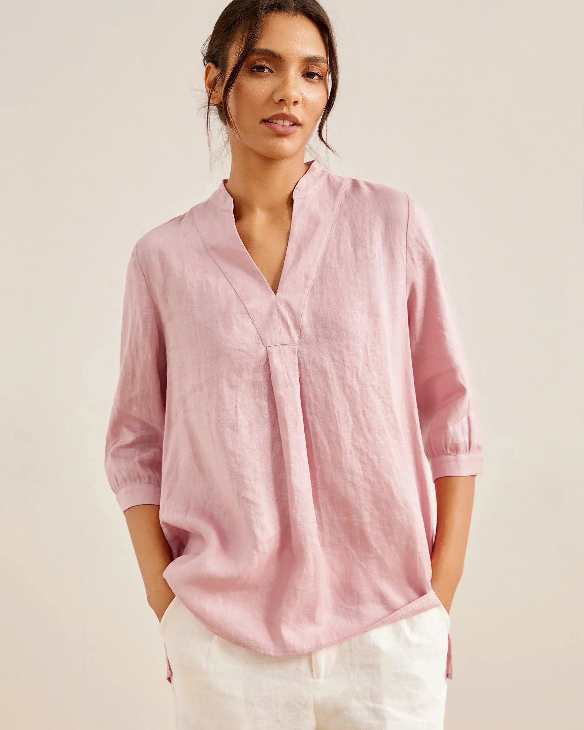 100% Linen Dress Shirt JOANNA - Light Pink / S - TOPS-Linen Blouses
