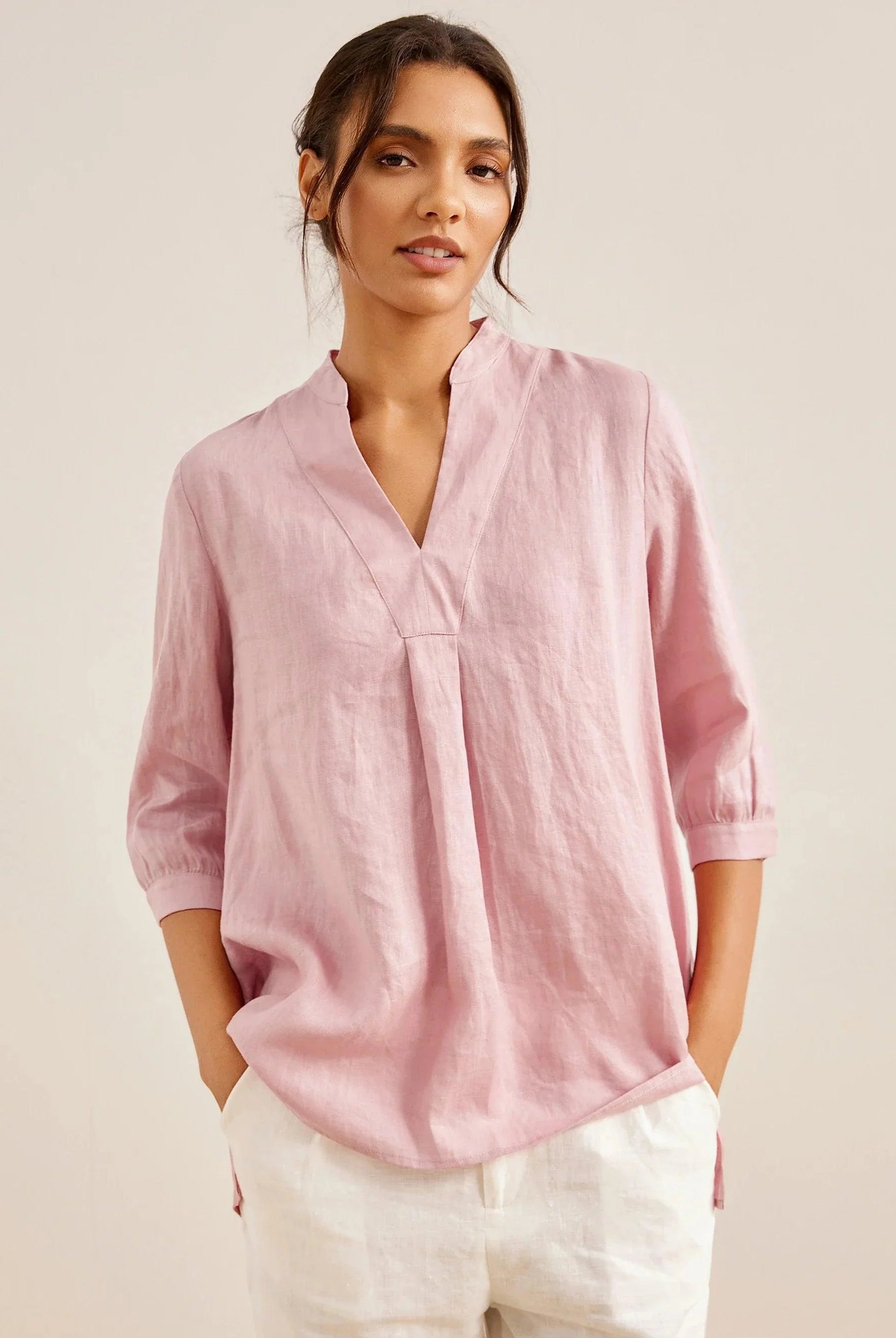 100% Linen Dress Shirt JOANNA - Light Pink / S - TOPS-Linen Blouses