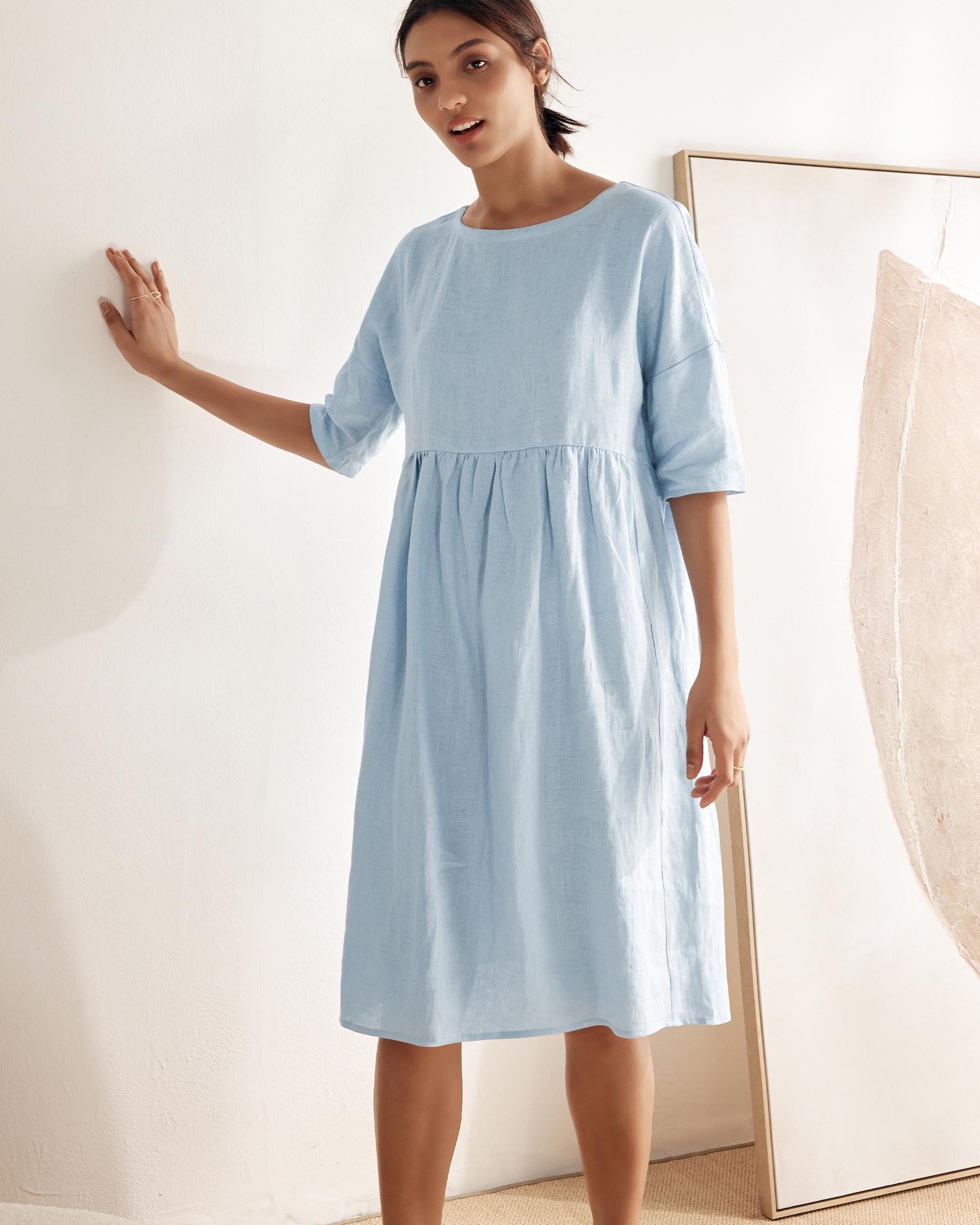 100% Linen A-Line Midi Dress VALENCIA - DRESSES-Linen
