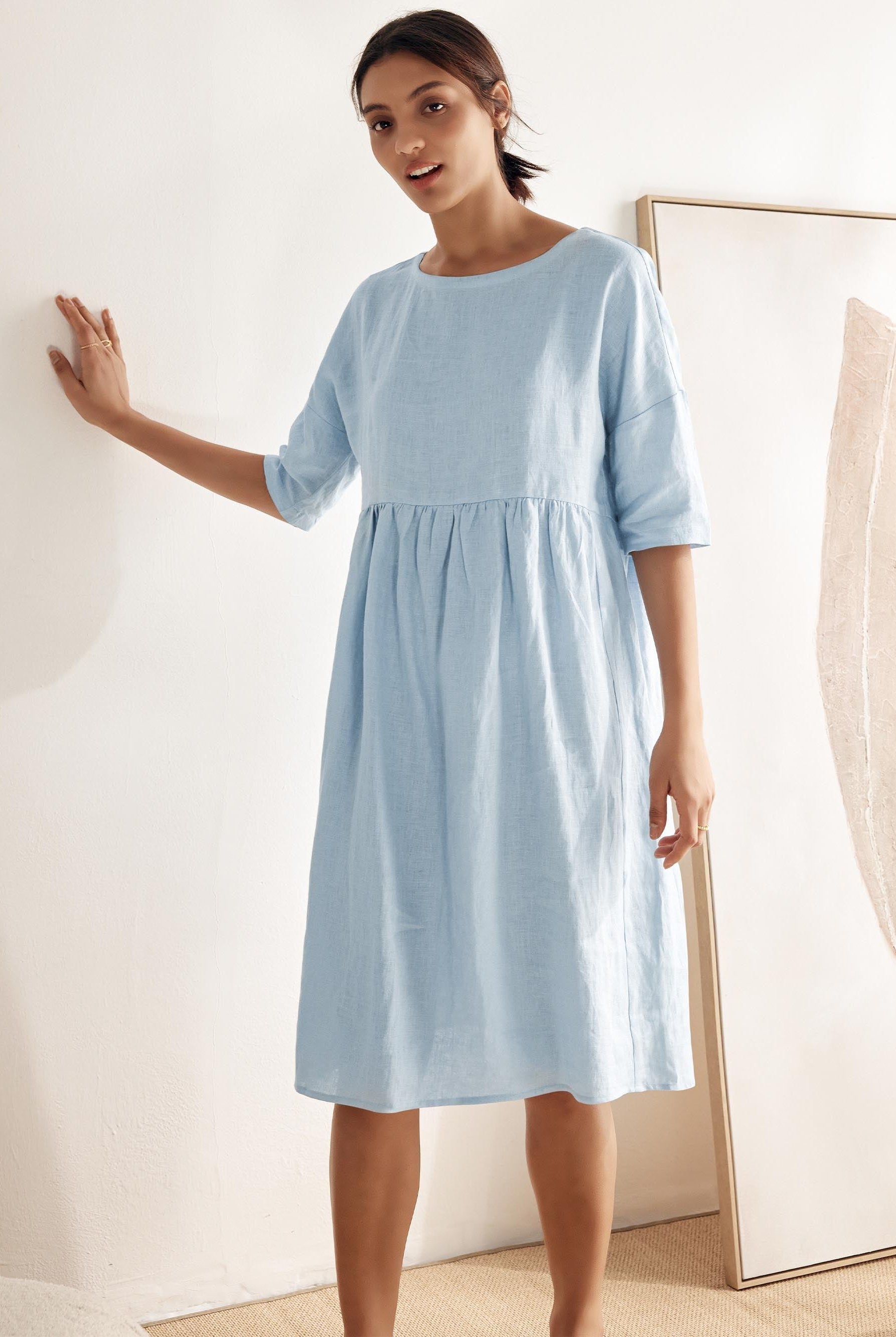 100% Linen A-Line Midi Dress VALENCIA - DRESSES-Linen