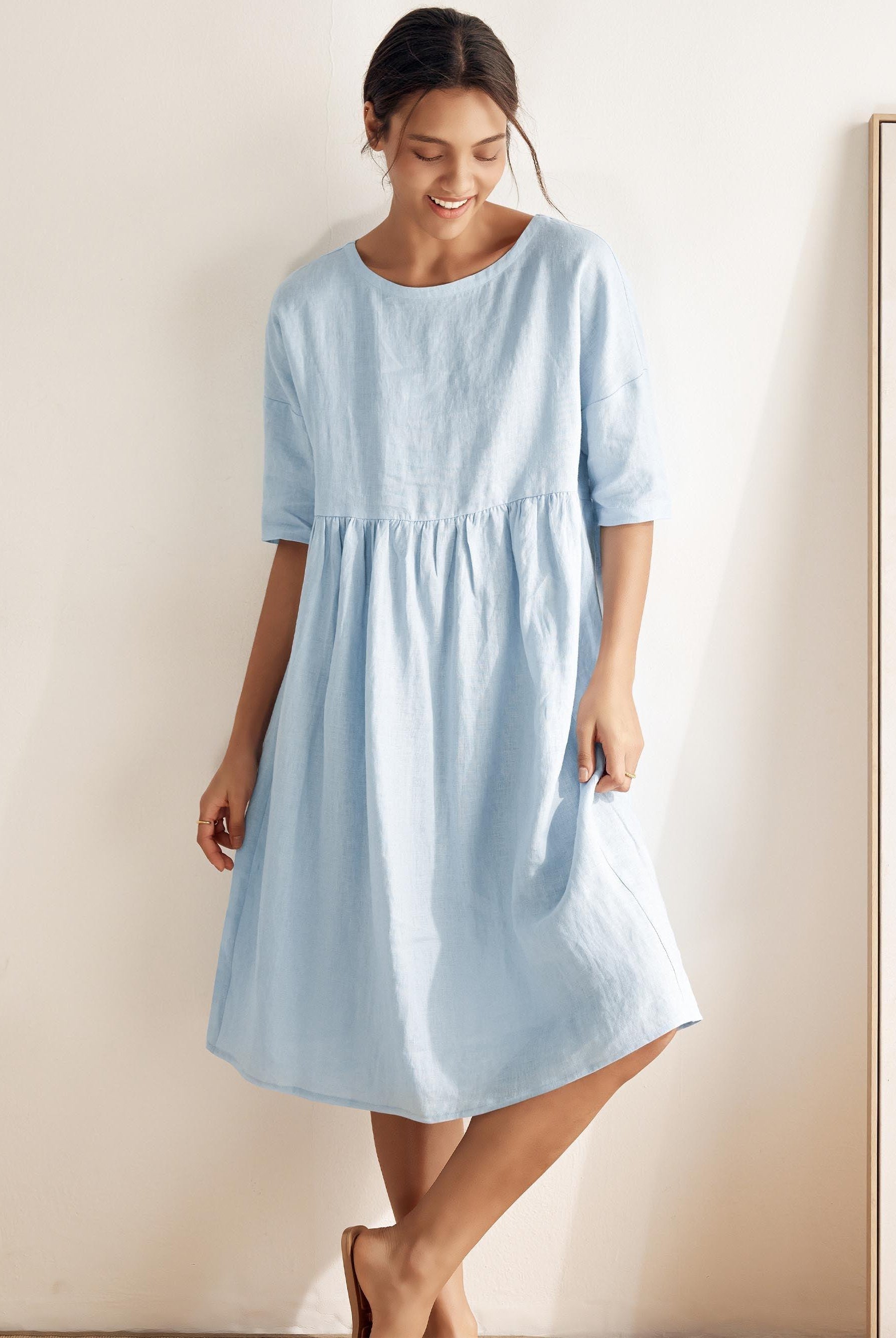 100% Linen A-Line Midi Dress VALENCIA - Baby Blue / S - DRESSES-Linen