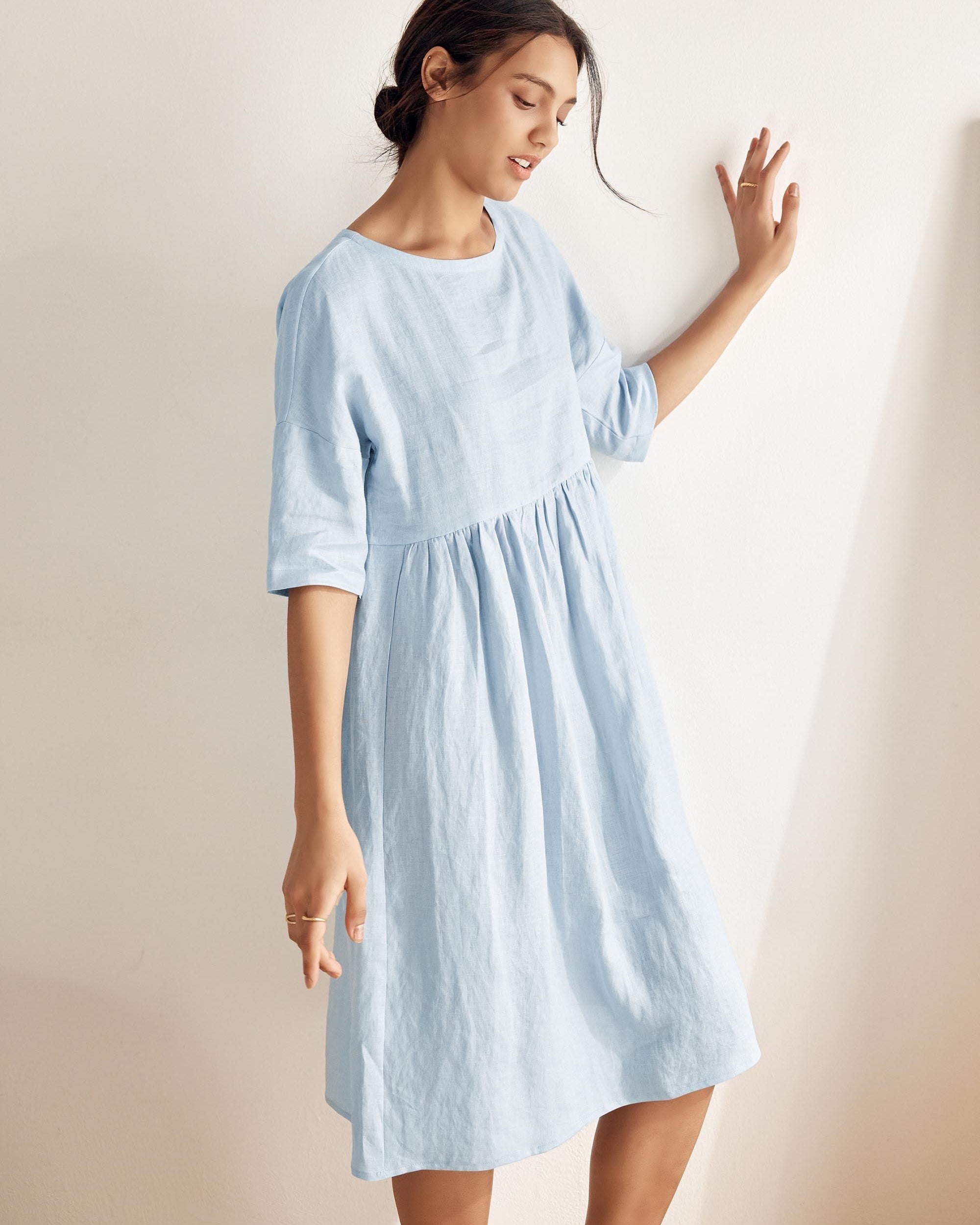 100% Linen A-Line Midi Dress VALENCIA - DRESSES-Linen