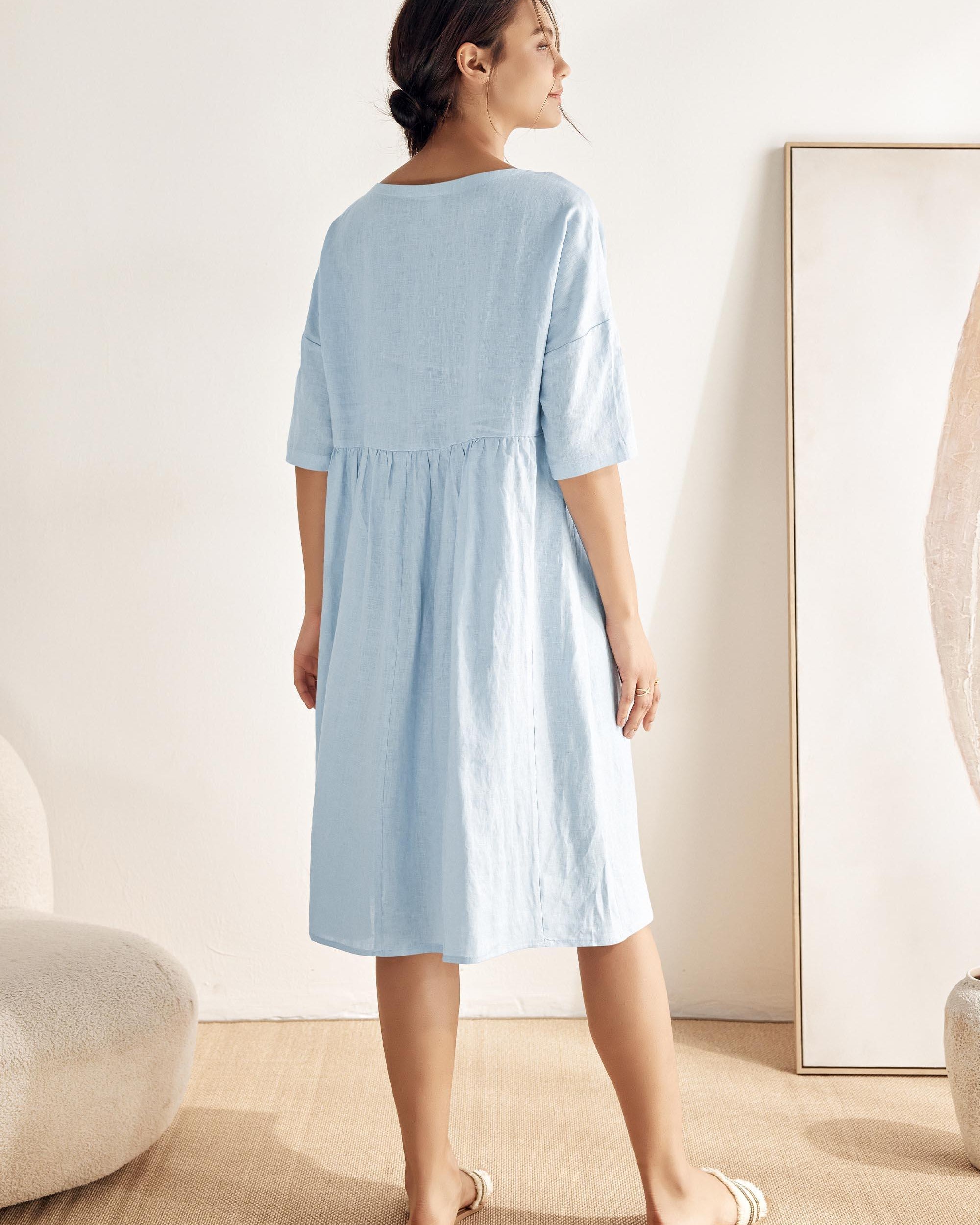 100% Linen A-Line Midi Dress VALENCIA - DRESSES-Linen