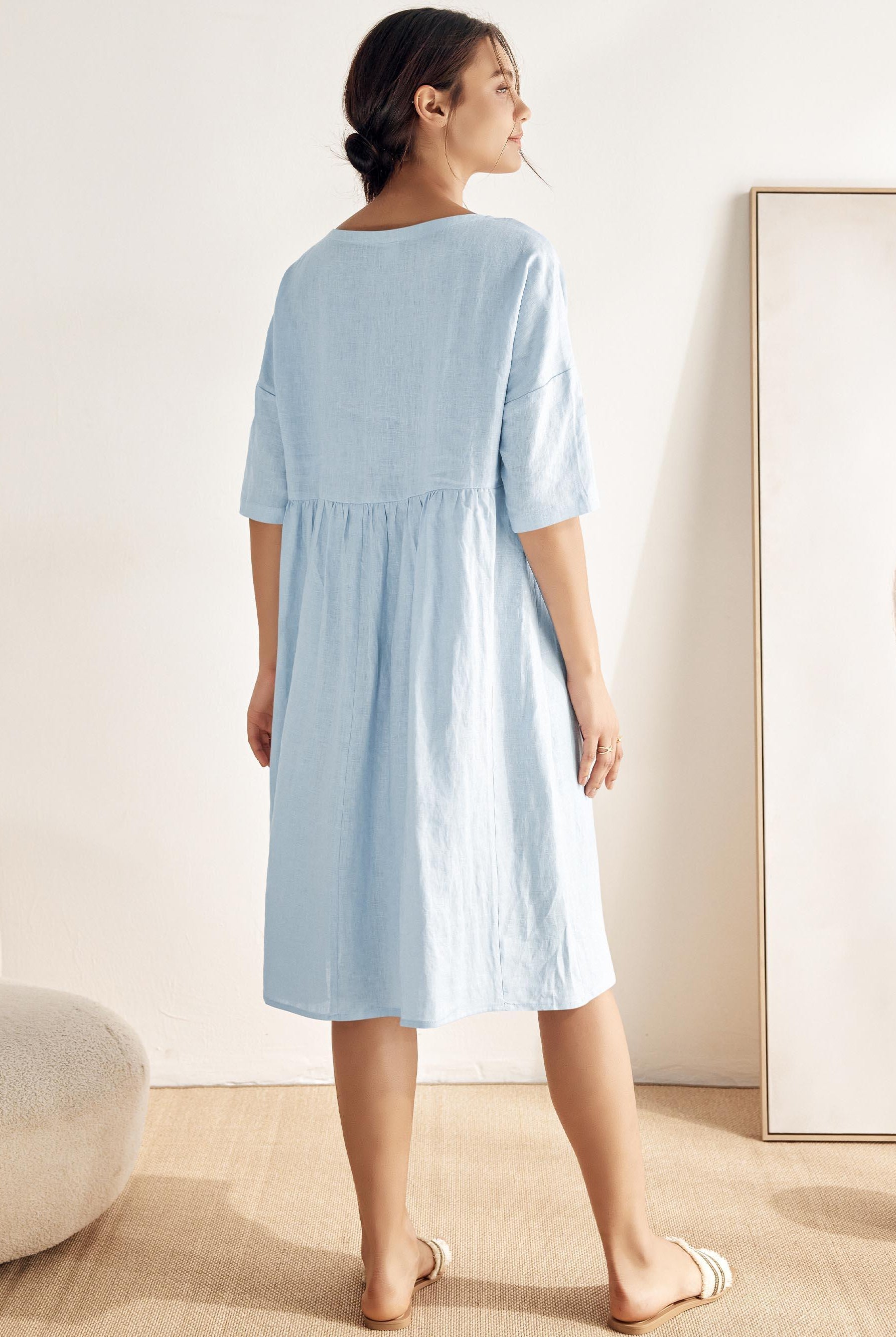 100% Linen A-Line Midi Dress VALENCIA - DRESSES-Linen