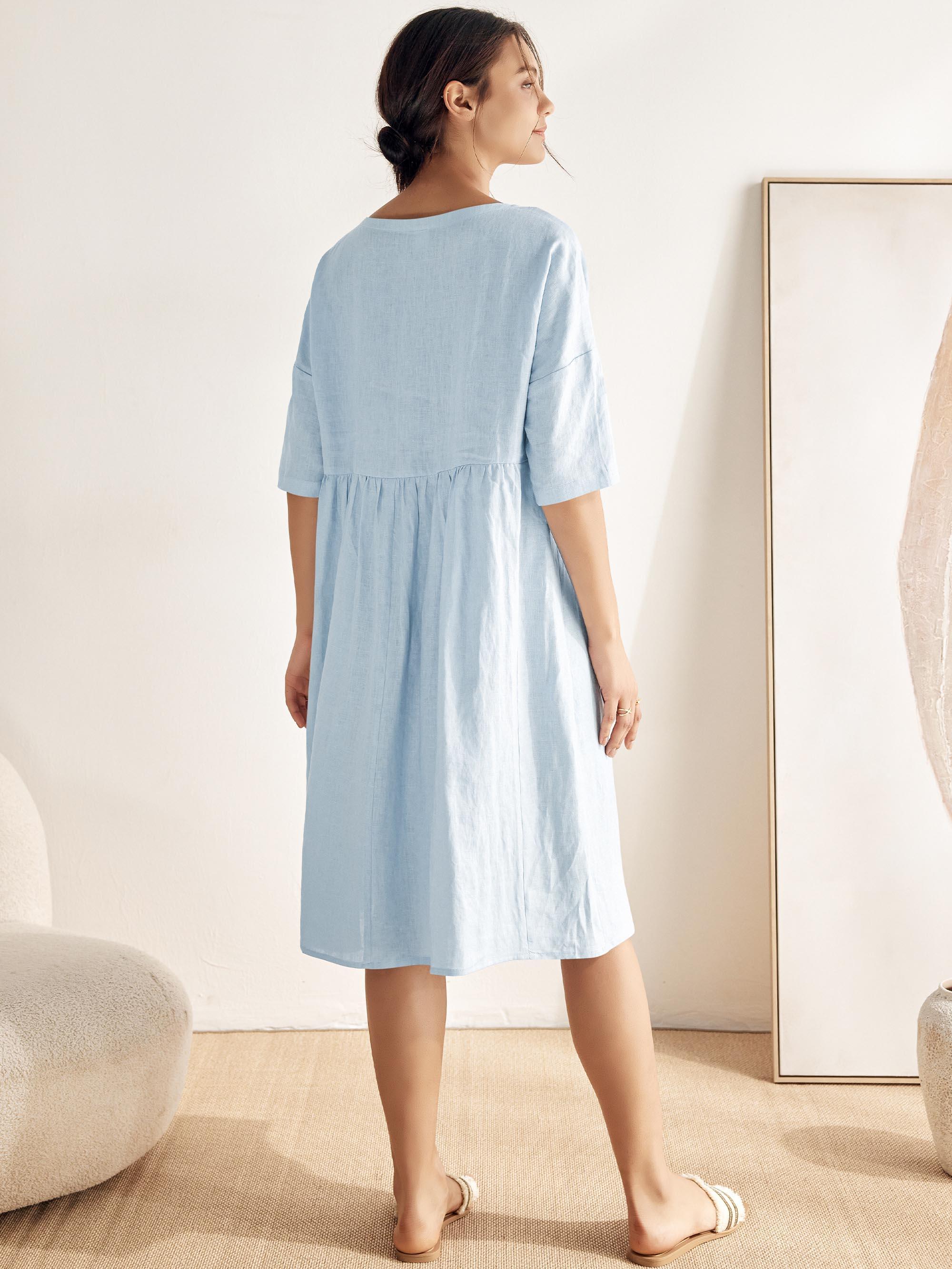 100% Linen A-Line Midi Dress VALENCIA - DRESSES-Linen