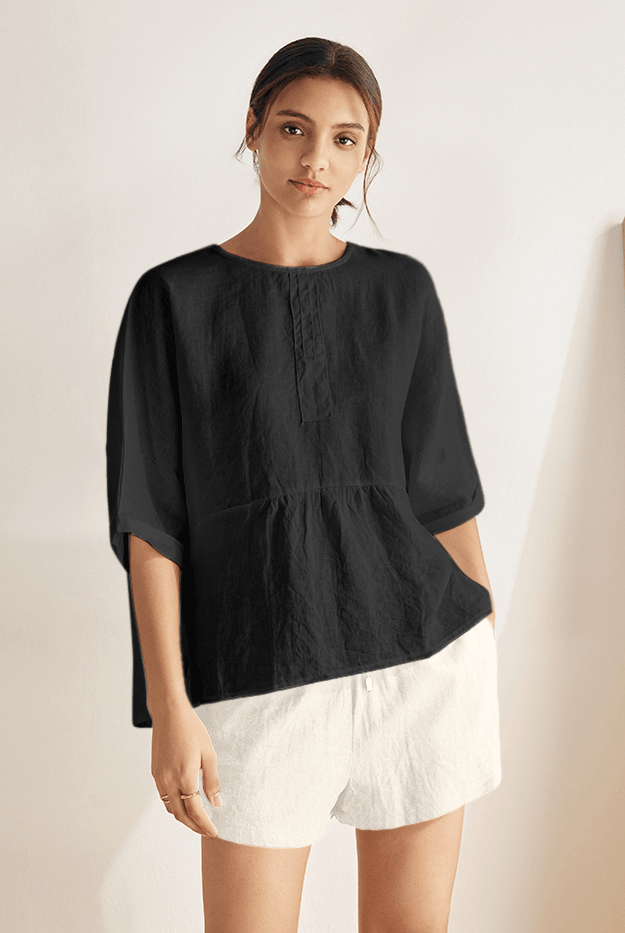 100% Linen Round Neck Mid-Sleeve Top ROBYN - TOPS-Linen Blouses