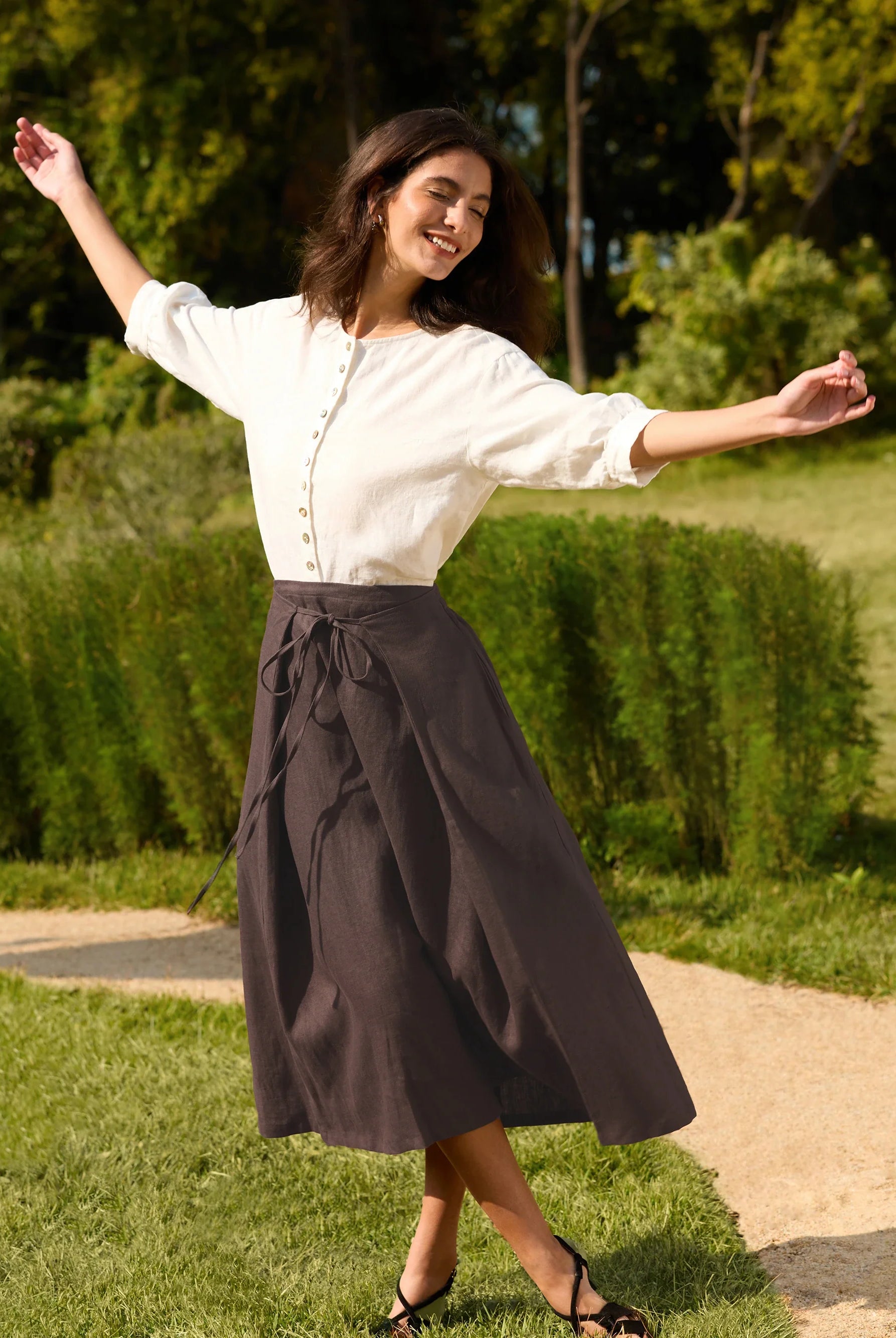 100% Linen Tie-Waist Wrapped A-Line Skirt EMILIE—Two-Way Wear - BOTTOMS-Linen Skirts
