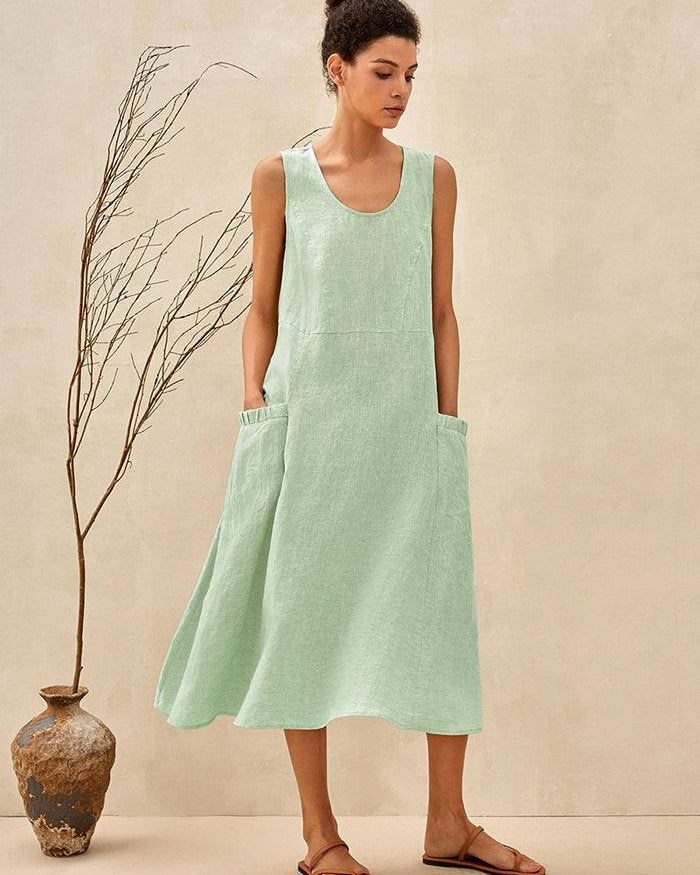 100% Linen Swing Beach Tank Dress GIANA - Tarragon Green / XS - DRESSES-Linen Midi