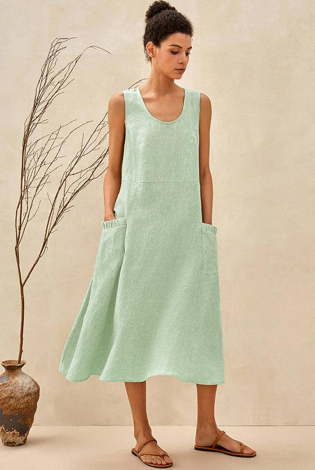 100% Linen Swing Beach Tank Dress GIANA - Tarragon Green / XS - DRESSES-Linen Midi