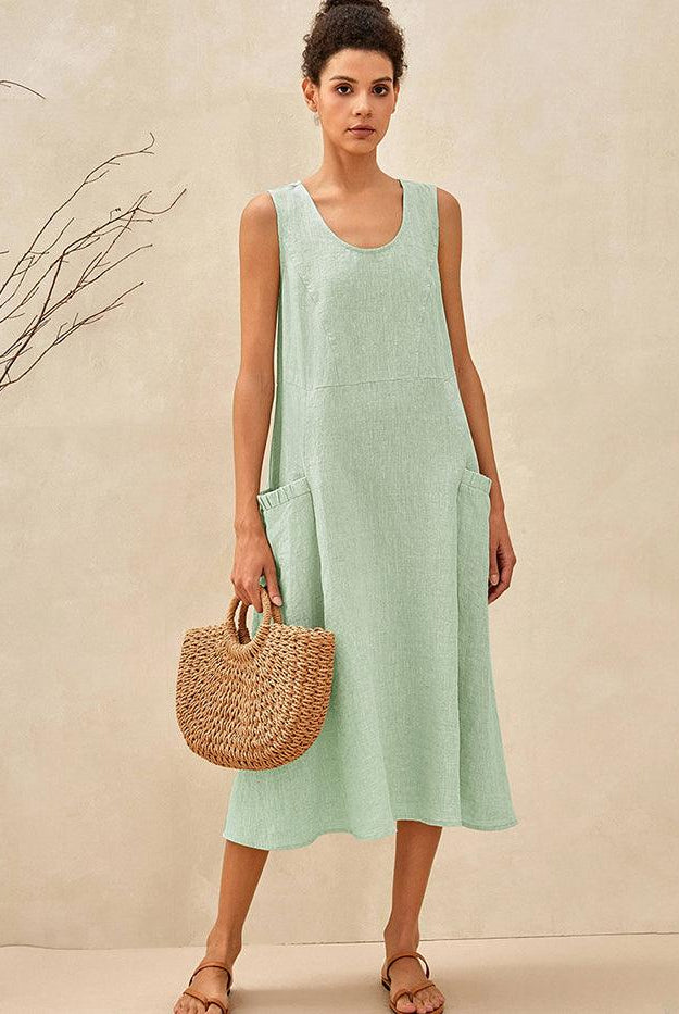 100% Linen Swing Beach Tank Dress GIANA - DRESSES-Linen Midi