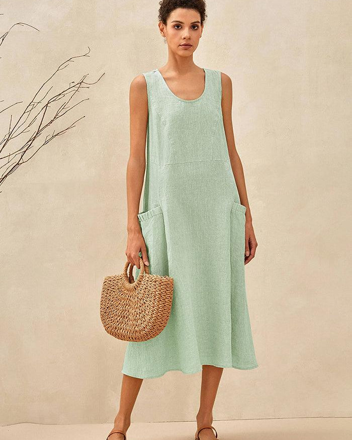 100% Linen Swing Beach Tank Dress GIANA - DRESSES-Linen Midi