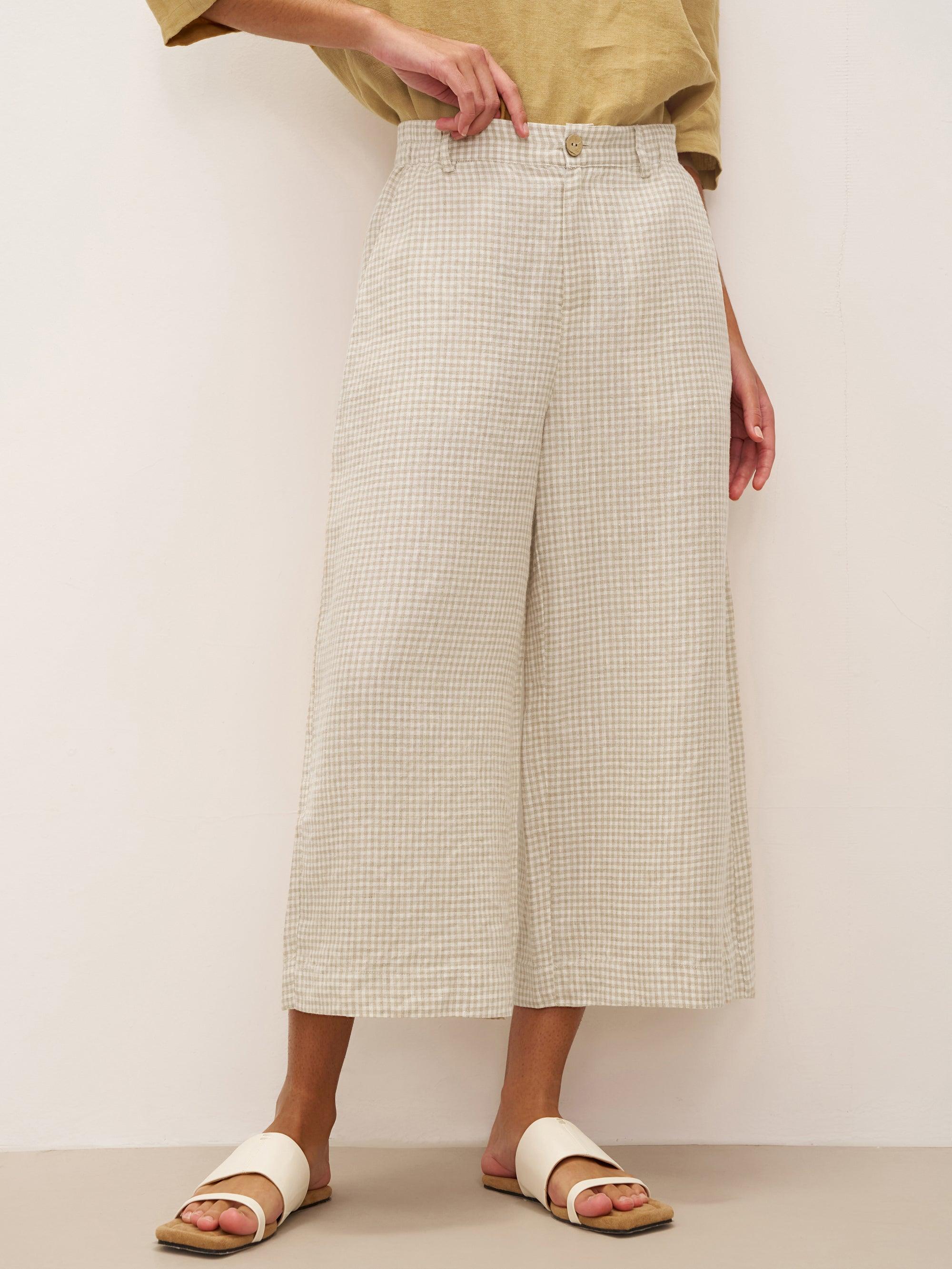 100% Linen Wide-Leg Pants with Elastic Back DILYS - Beige Check / S - BOTTOMS-Linen