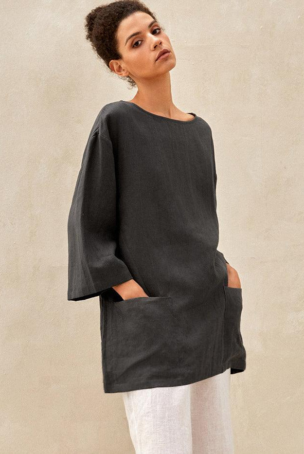 100% Linen Loose Long Shirt LILY - Coal Grey / S - TOPS-Linen Tunics