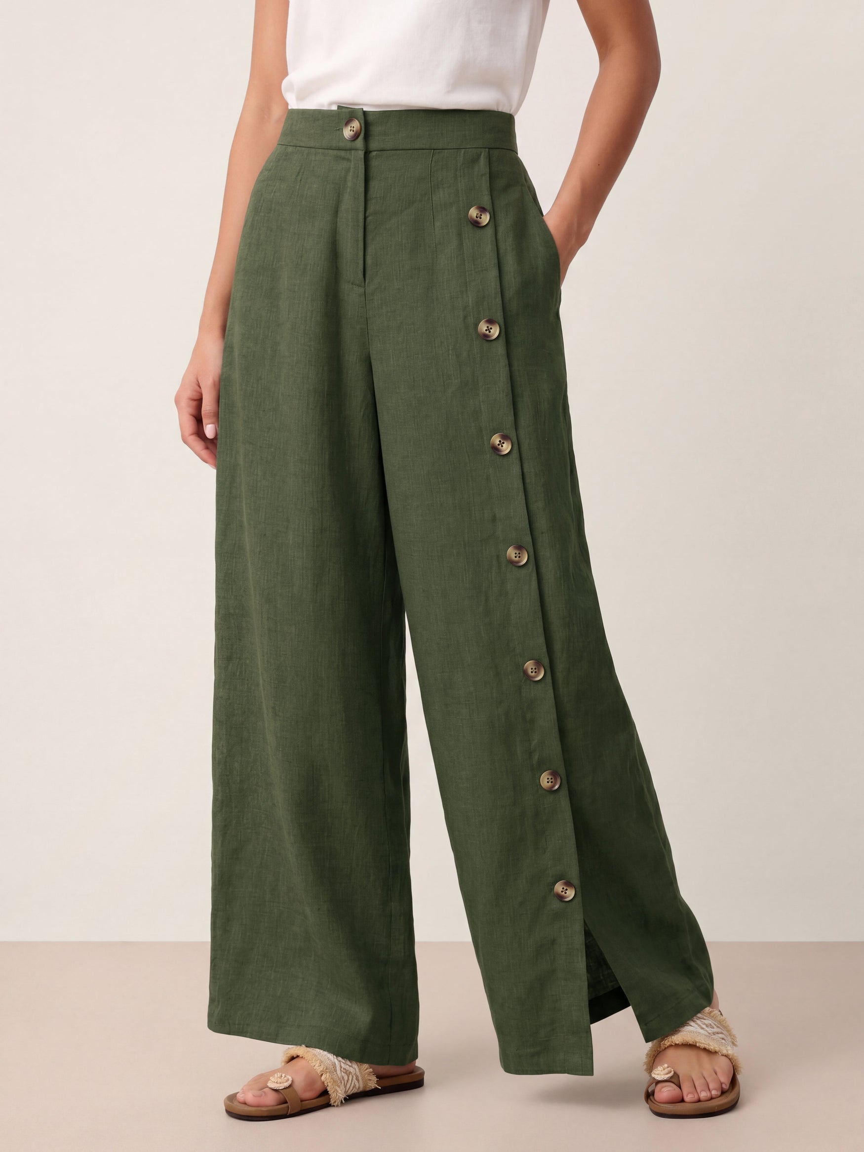 100% Linen Buttoned Slit-Hem Pants KATYA by LINTICO for women